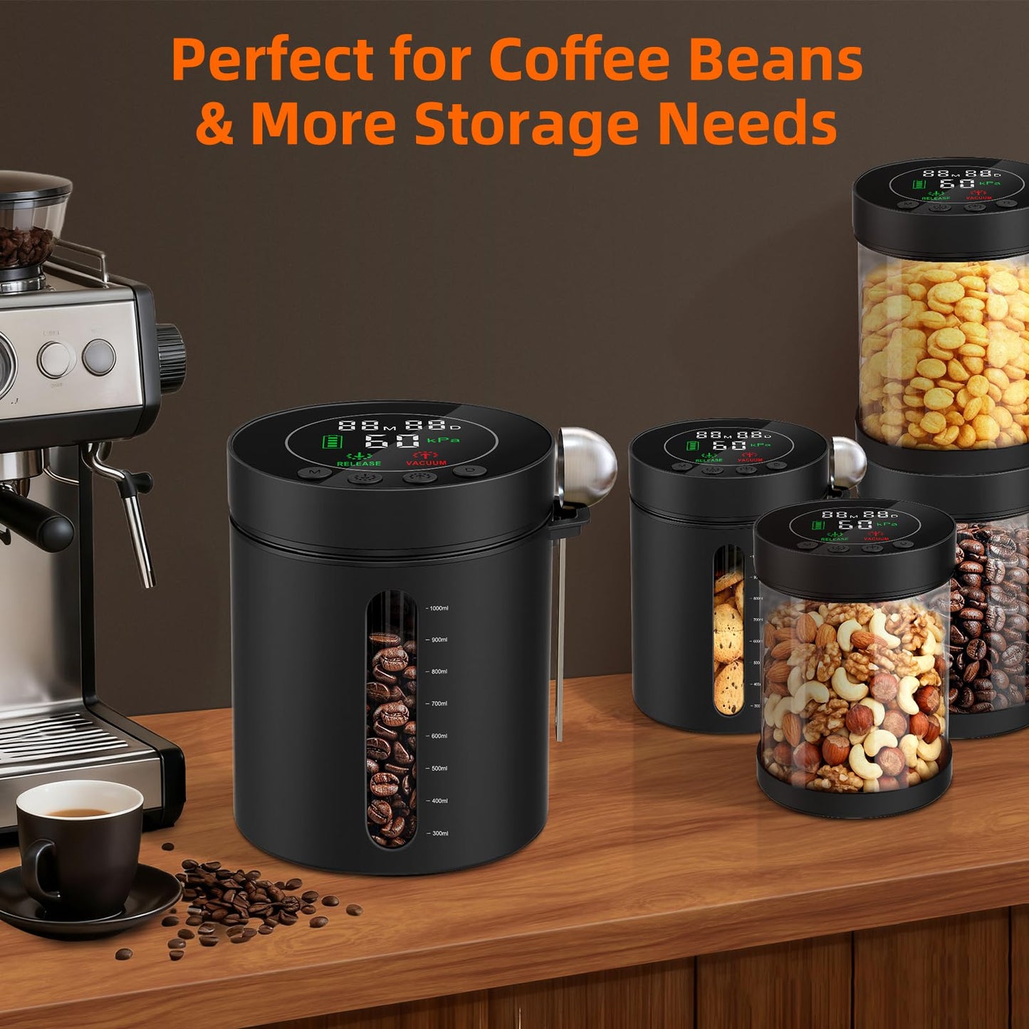Automatic Vacuum Coffee Canister, 1.3L Coffee Container with Smart Pressure Sensor,LED Display,Window,Scoop Rechargeable Airtight Electric Coffee Bean Storage for Home Kitchen Ground Food Tea Storage