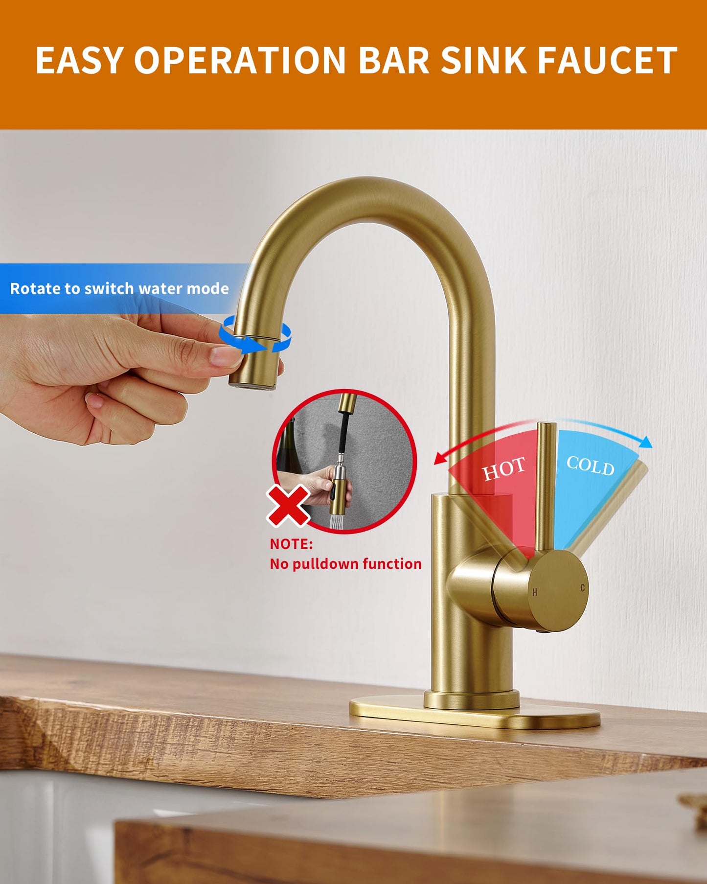 Tohlar Gold Bathroom Faucet, Brushed Gold Wet Bar/Pre-Kitchen Faucet for Sink 1 or 3 Hole, Bathroom Sink Faucet with Deck Plate and Sprayer, Single Handle Bar Sink Faucet with Pop Up Drain