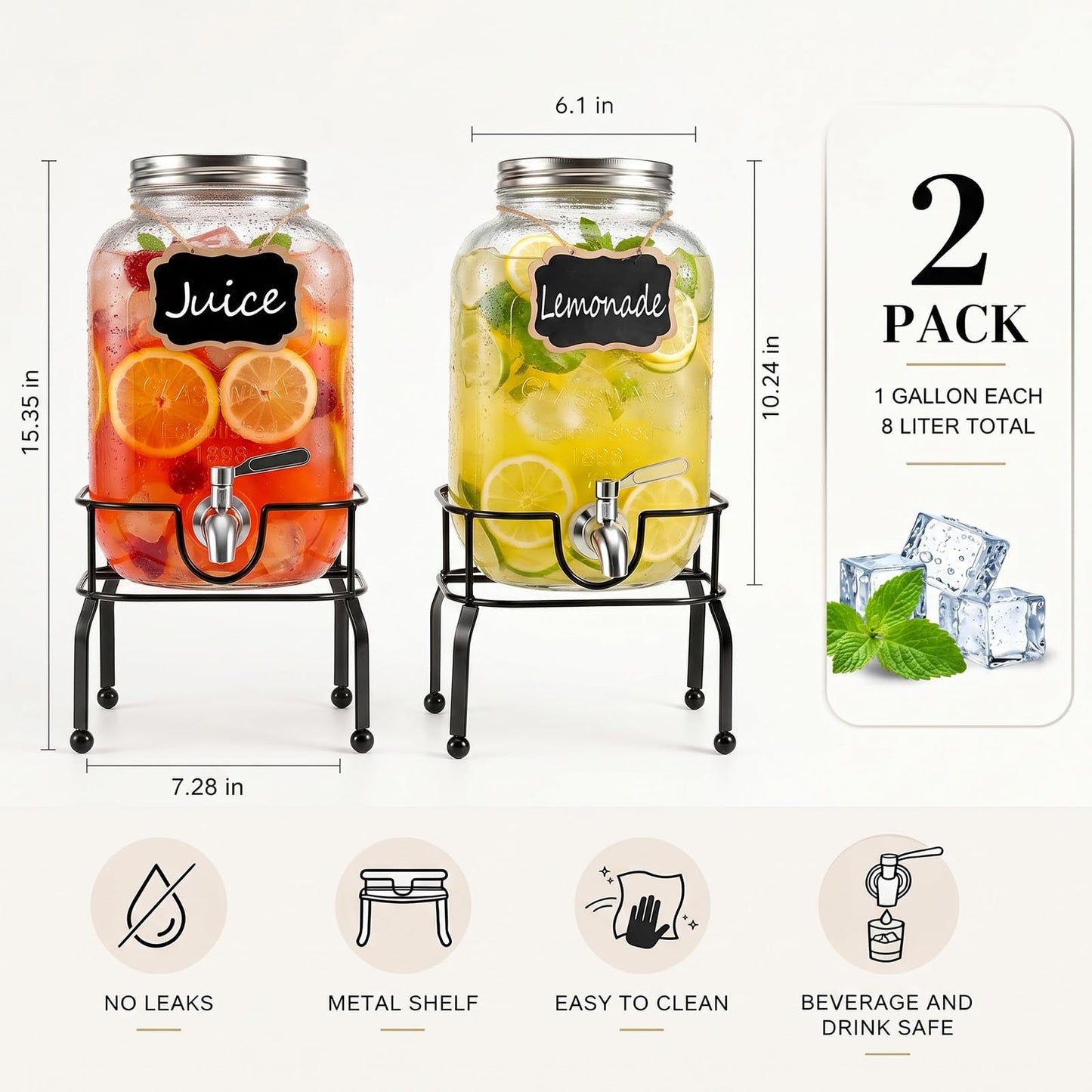 RuileMei 2 Pack1 Gallon Glass Drink Dispensers For Parties,Beverage Dispenser with Stand,304 Stainless Steel Spigot Leakproof,Lemonade Dispenser for Sun Tea, Homemade Juice