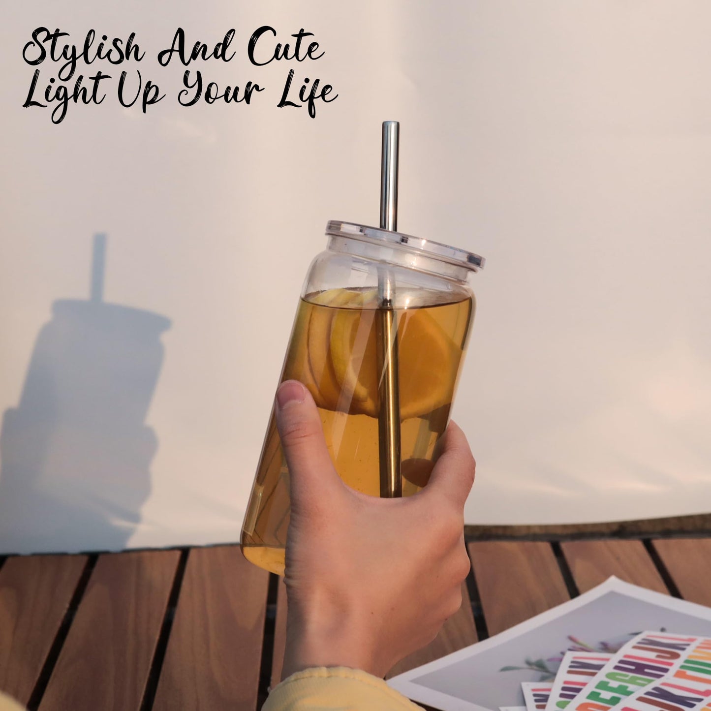 16 oz Clear Plastic Cups Reusable with Lids and Straws & DIY Sticker, 20Pack Acrylic Mason Jars Iced Coffee Drinking Glasses Cup for Park Picnic, Poolside, Party Giveaways