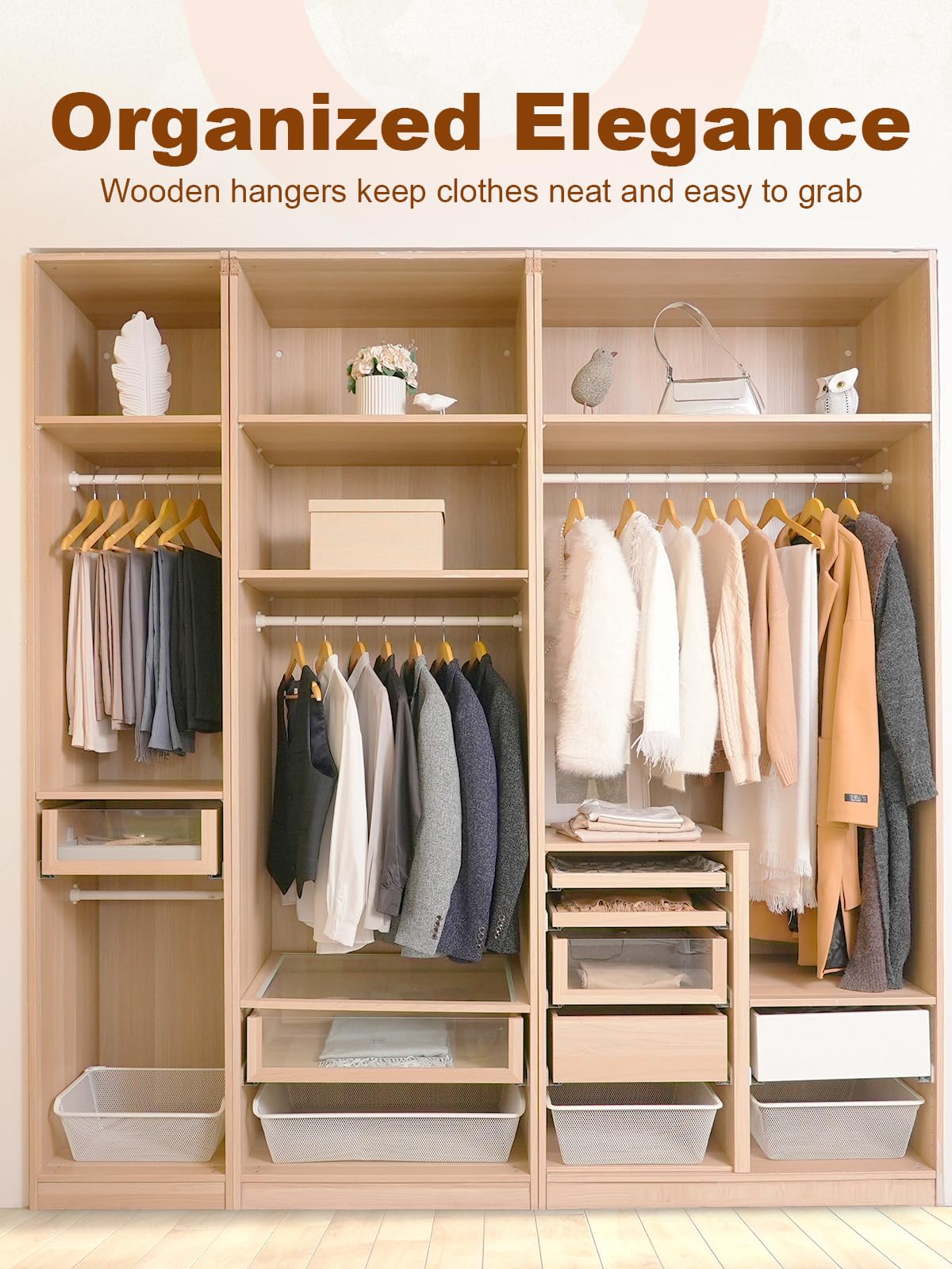 HOUSE DAY Wooden Hangers 30 Pack, Solid Wood Clothes Hangers with Non Slip Pant Bar, Heavy Duty Wooden Coat Hanger for Closet, Smooth Finish Wood Hangers for Shirts, Suits Jackets, Dress, Natural