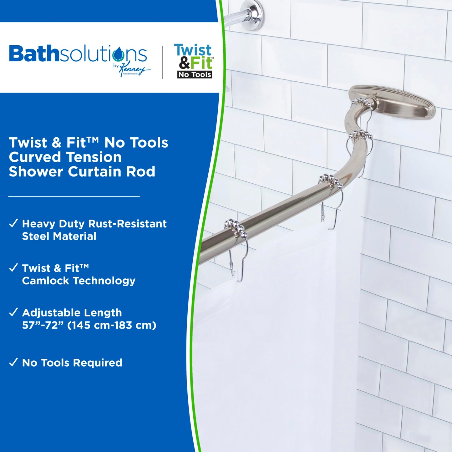 Kenney KN60961 Twist & Fit No Tools Camlock Tension 6" Curved Shower Curtain Rod with Non-Slip, Non-Scratch Ends, 57-72" Adjustable Length, Brushed Nickel, 1" Diameter Rust Resistant Steel Tube