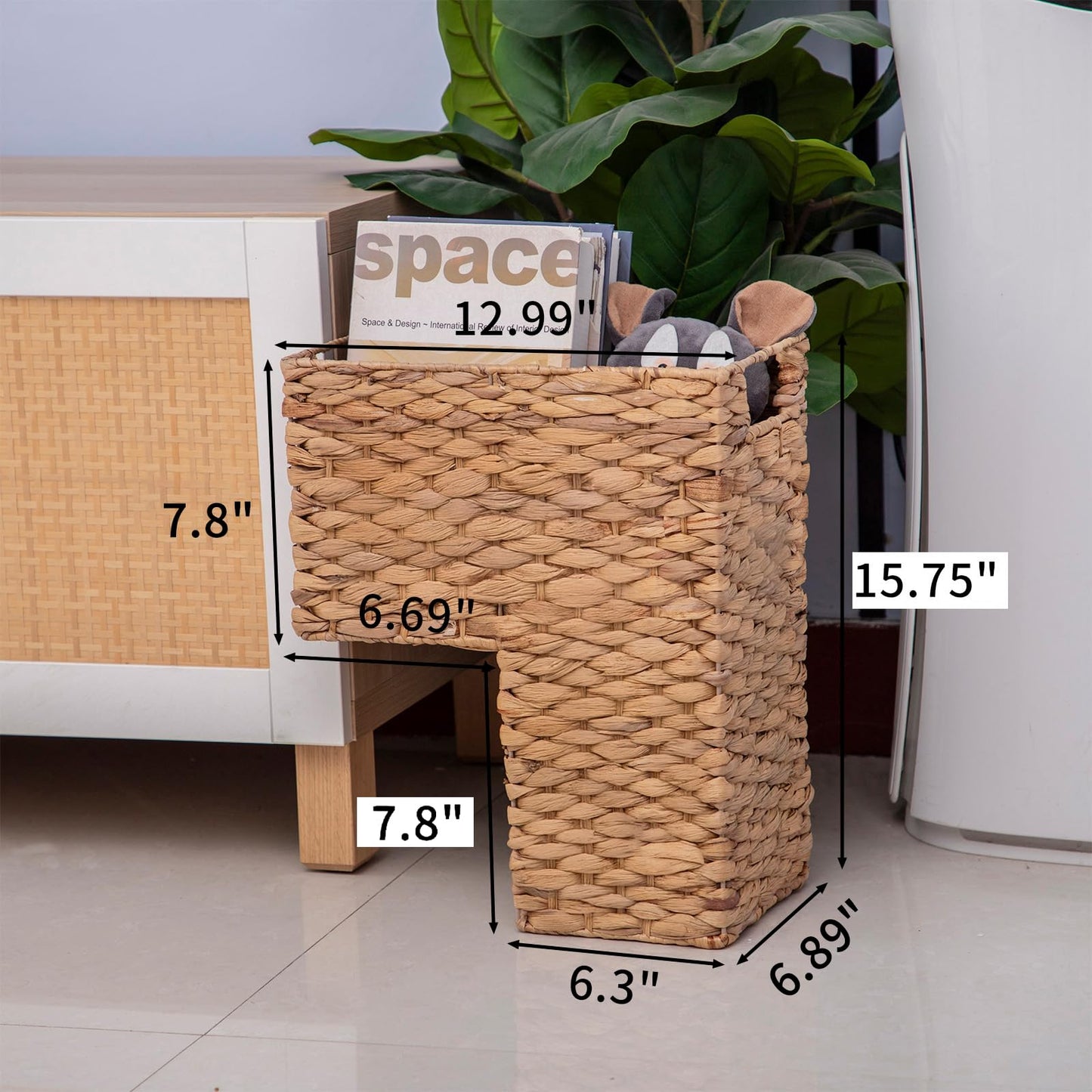 YAHUAN Stair Basket with Handles, Woven Water Hyacinth Stair Baskets for Carpeted Stairs, Stair Storage Basket Staircase Basket for Wooden Stairs (Water Hyacinth)
