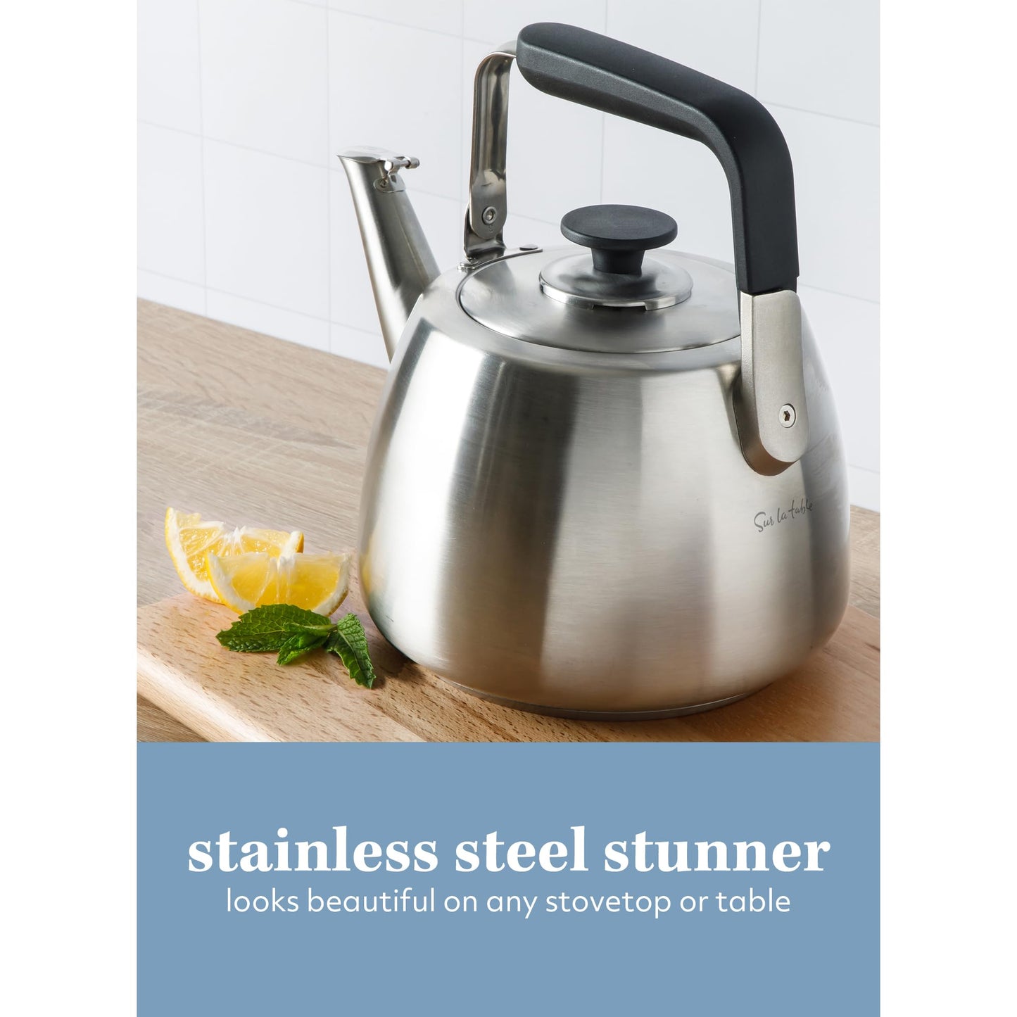 Sur La Table Kitchen Essentials Large 2 QT Heavy Gauge Brushed Stainless Steel Whistling Tea Kettle