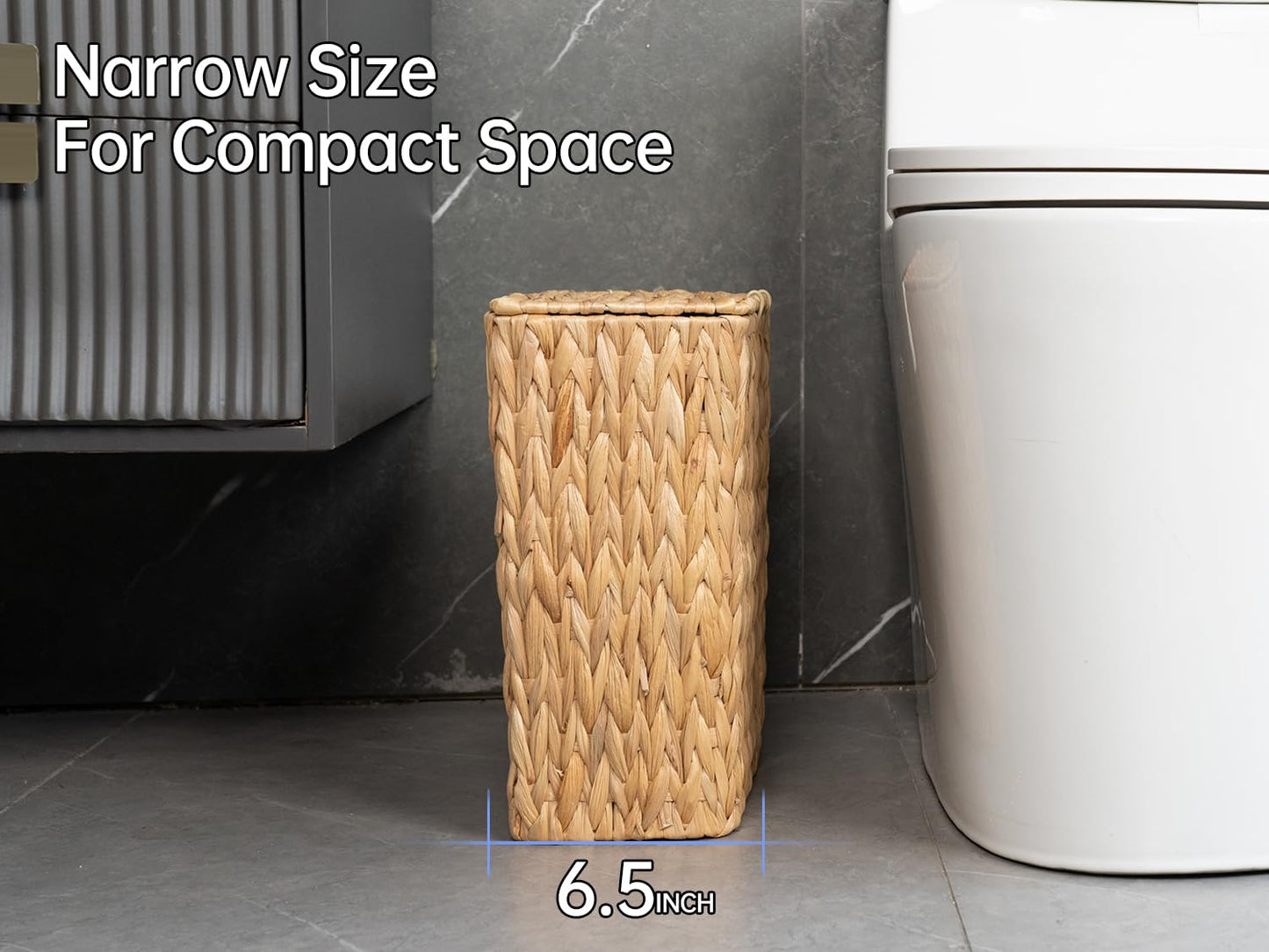 Coeusy 3 Gallon Wicker Trash Can,Small Bathroom Trash Can with Lid,Natural Water Hyacinth Wicker Waste Basket for Bedroom,Toilet,Narrow Garbage Can with Removable Liner