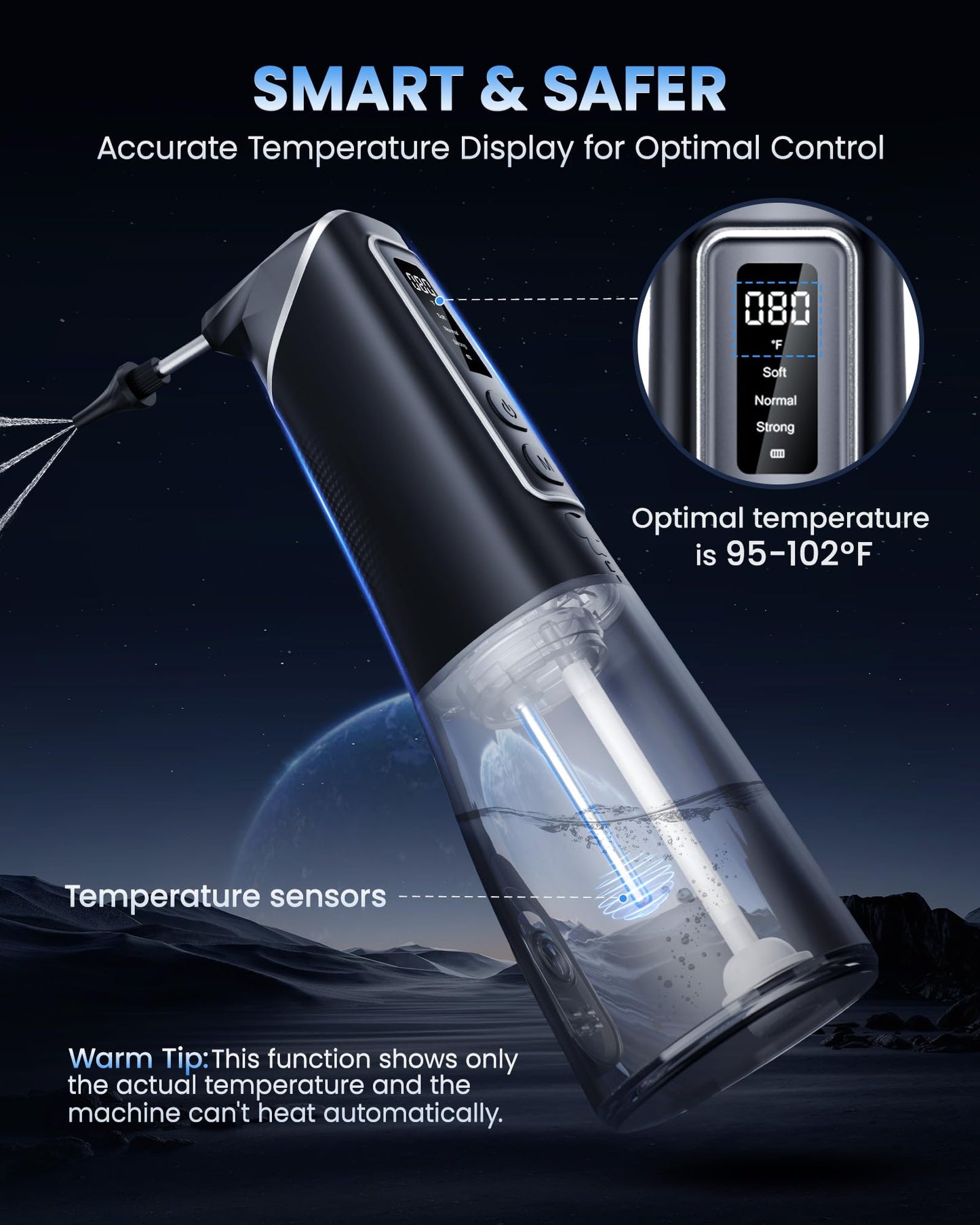 ONLYCARE Ear Wax Removal - 3 Pressure Modes LED Display Water Powered Ear Cleaner with 6 Reusable Replacement Tips - Rechargeable Ear Irrigation Flushing System Earwax Cleaning Tool