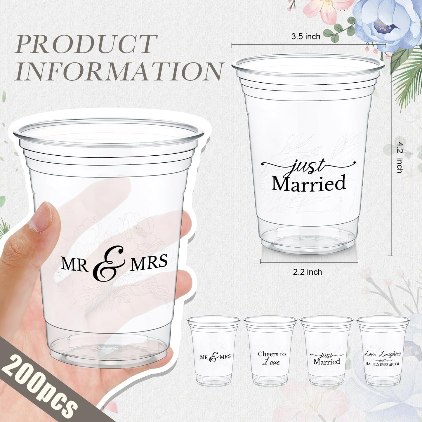 Jingmore 200 Pcs Wedding Plastic Cup 12 oz Wedding Disposable Cups for Reception Thick Clear Cup Happily Ever After Mr and Mrs Just Married Cups for Bridal Shower Decorations (White Floral)