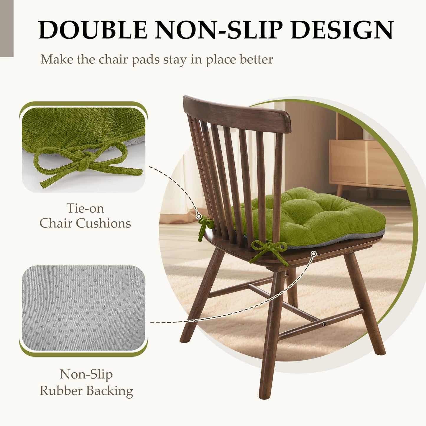 HARBOREST Chair Cushions for Dining Chairs Set of 4 - Chenille Tufted Kitchen Chair Cushions with Ties and Non-Slip Bottom, Foam Chair Pads for Dining Chairs, 17" x 17", Green