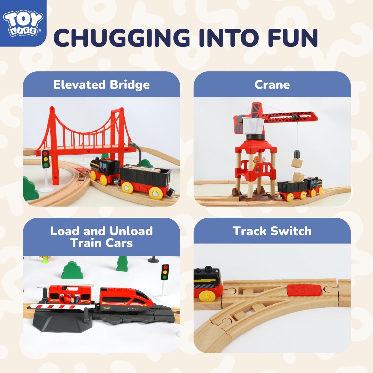 TOY Life Train Set 80pcs with Crane & Locomotive Train Toy, Wooden Train Tracks Toys for Toddlers Boys Girls 3 4 5, Wood Toys Gift Toddler Train for Kids 4-8 - Fits Thomas Brio Chuggington