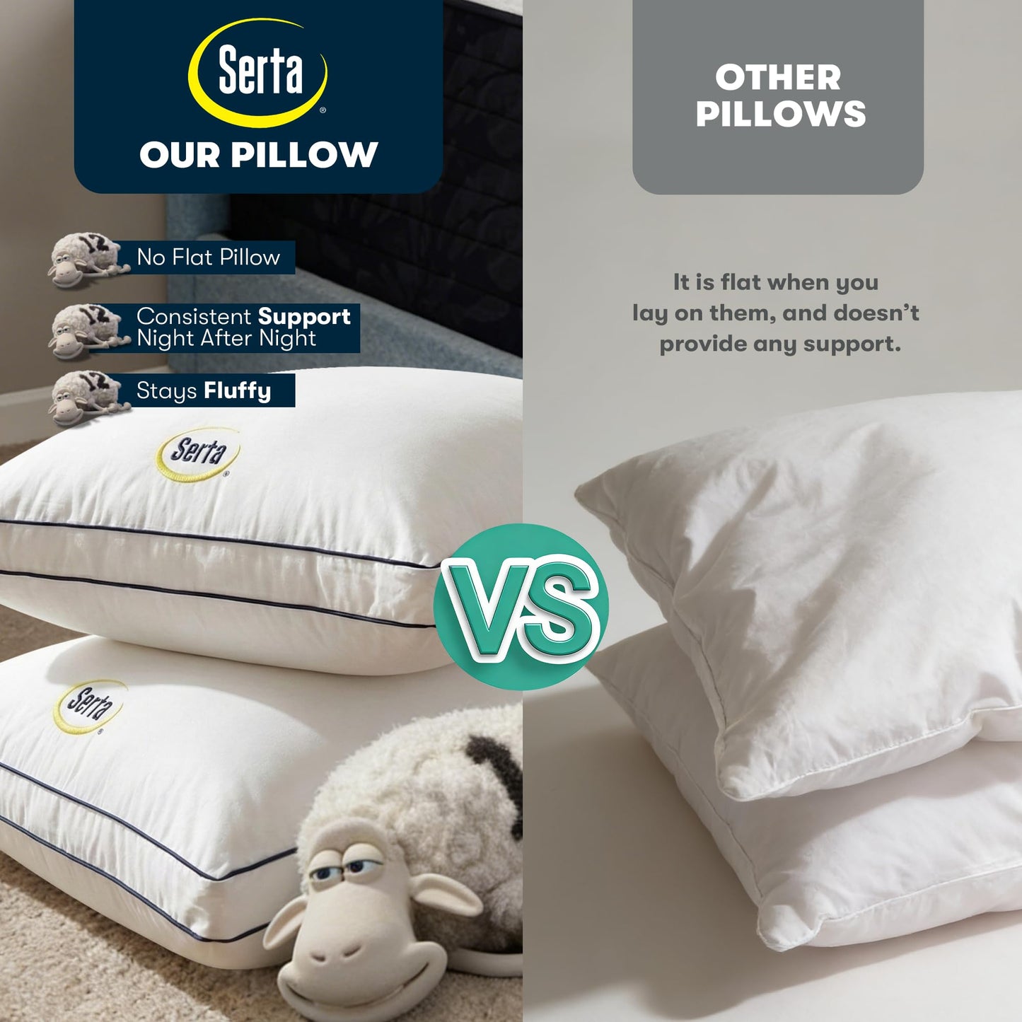 Serta Hotel Collection Bed Pillows Queen/Standard Size Set of 2, 400 Thread Count 100% Cotton Cover, Medium Soft, Support Gusseted Down Alternative Pillow for Back, Stomach or Side Sleepers, 18" x 26"