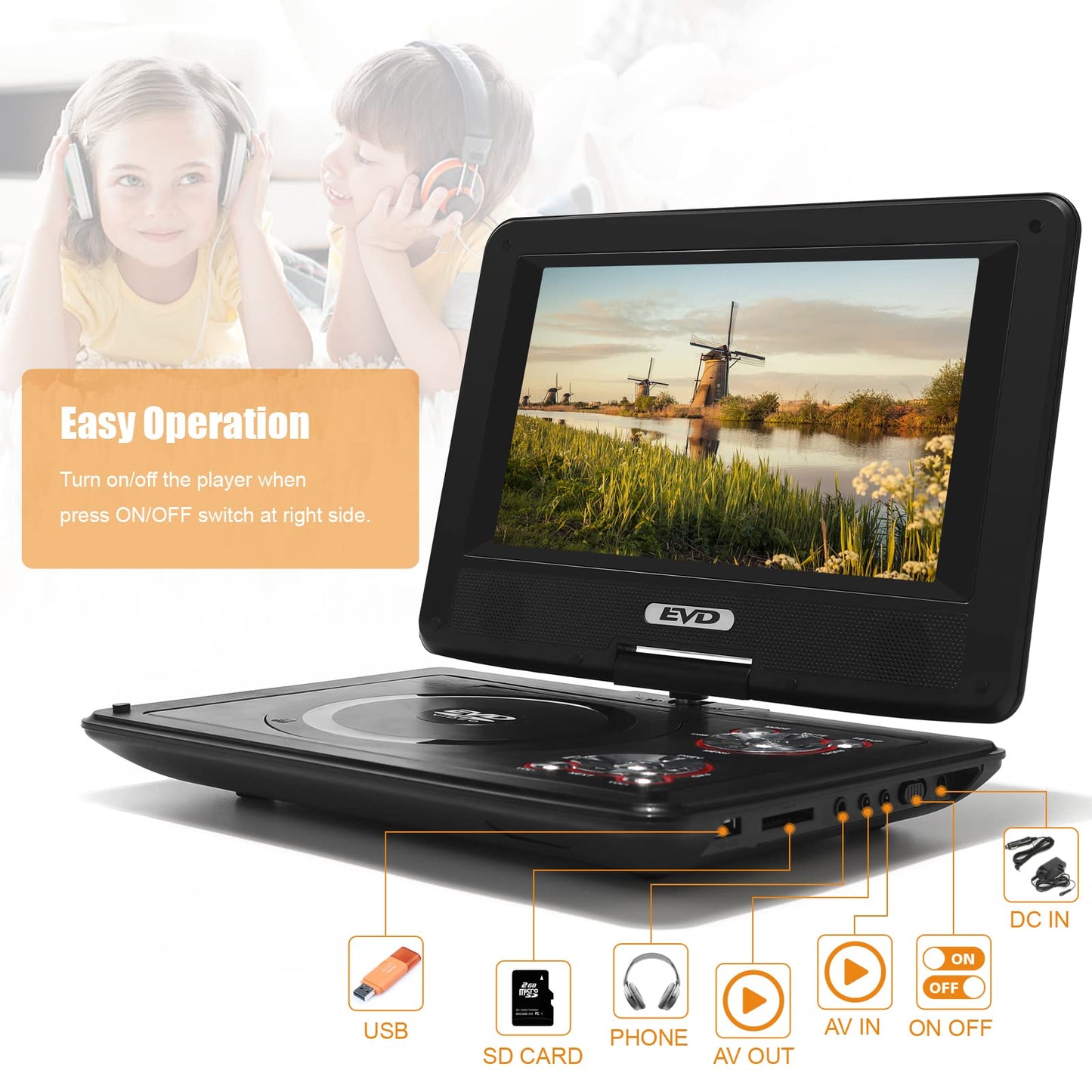 11.5" Portable DVD Player with 9.5" Swivel Screen, 5-Hours Rechargeable Battery,Car DVD Player,Support CD/DVD/SD Card/USB,Regions Free,Dual Speakers, Black…