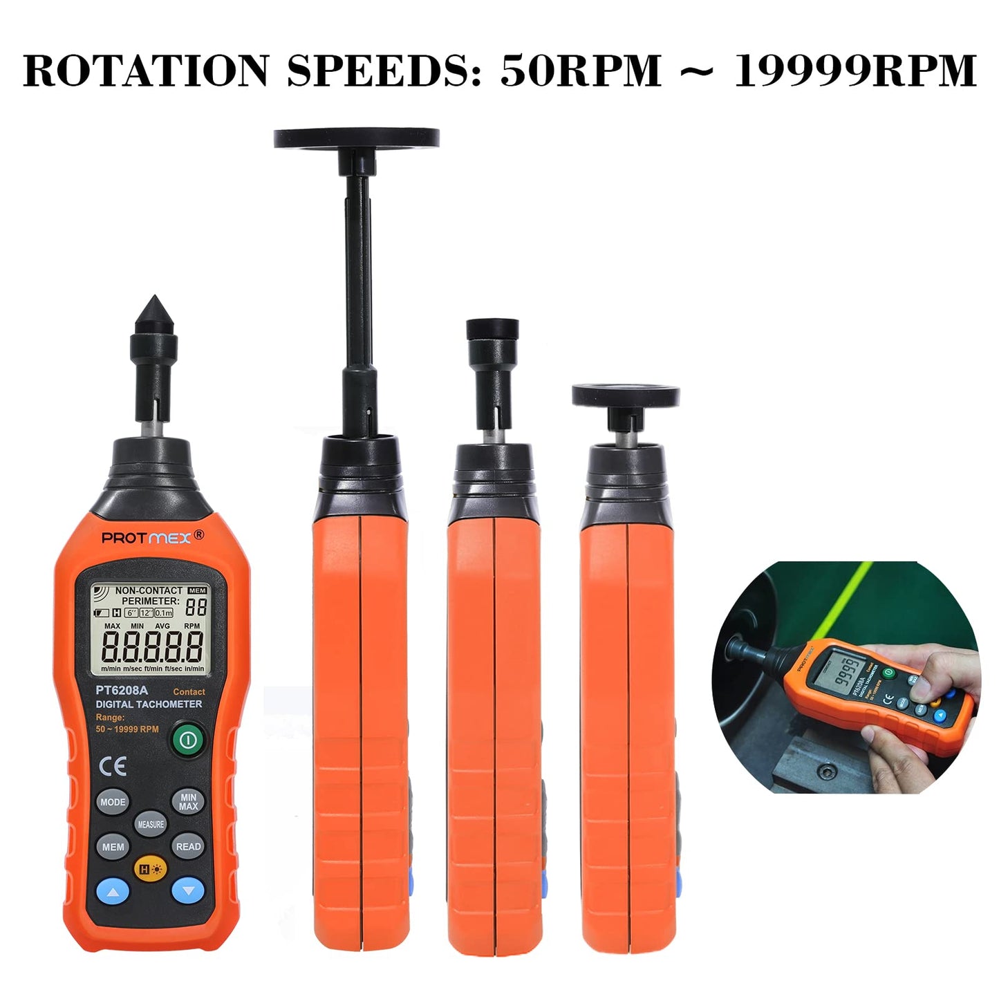 Protmex PT6208A Digital Contact Tachometer, Contact Measurement Speed Tach Meter, 50-19999RPM Speed Meter, Contact Tach RPM Meter with 100 Groups Data Logging, Data Hold, Max/Min/AVG, Backlight
