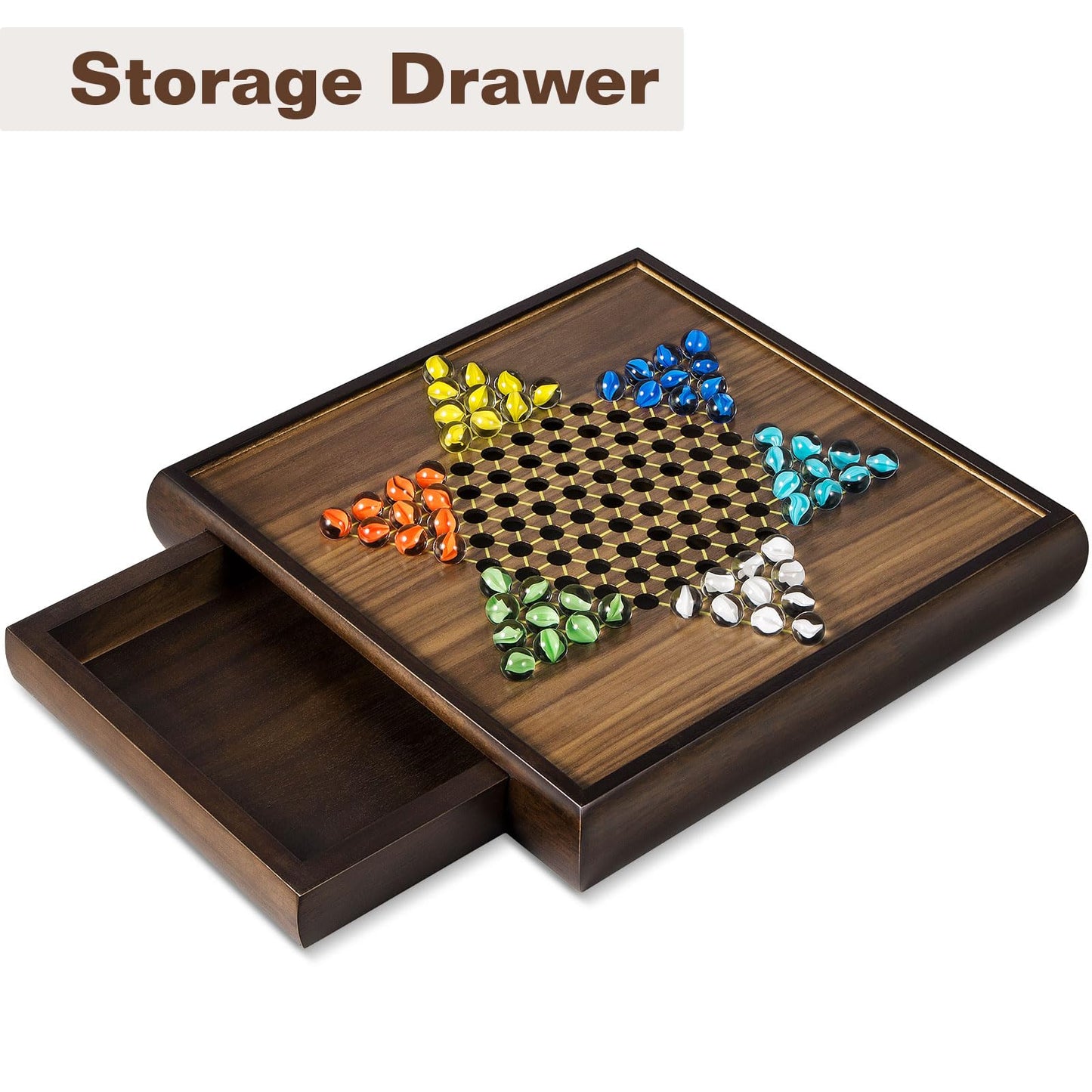 ELONGDI 2 in 1 Magnetic Chess Set & Chinese Checkers 13" Wooden Board Game with Storage Drawer and 60 Glass Marbles + Bonus 12 Spare & 2 Extra Queens,for Kids and Adults