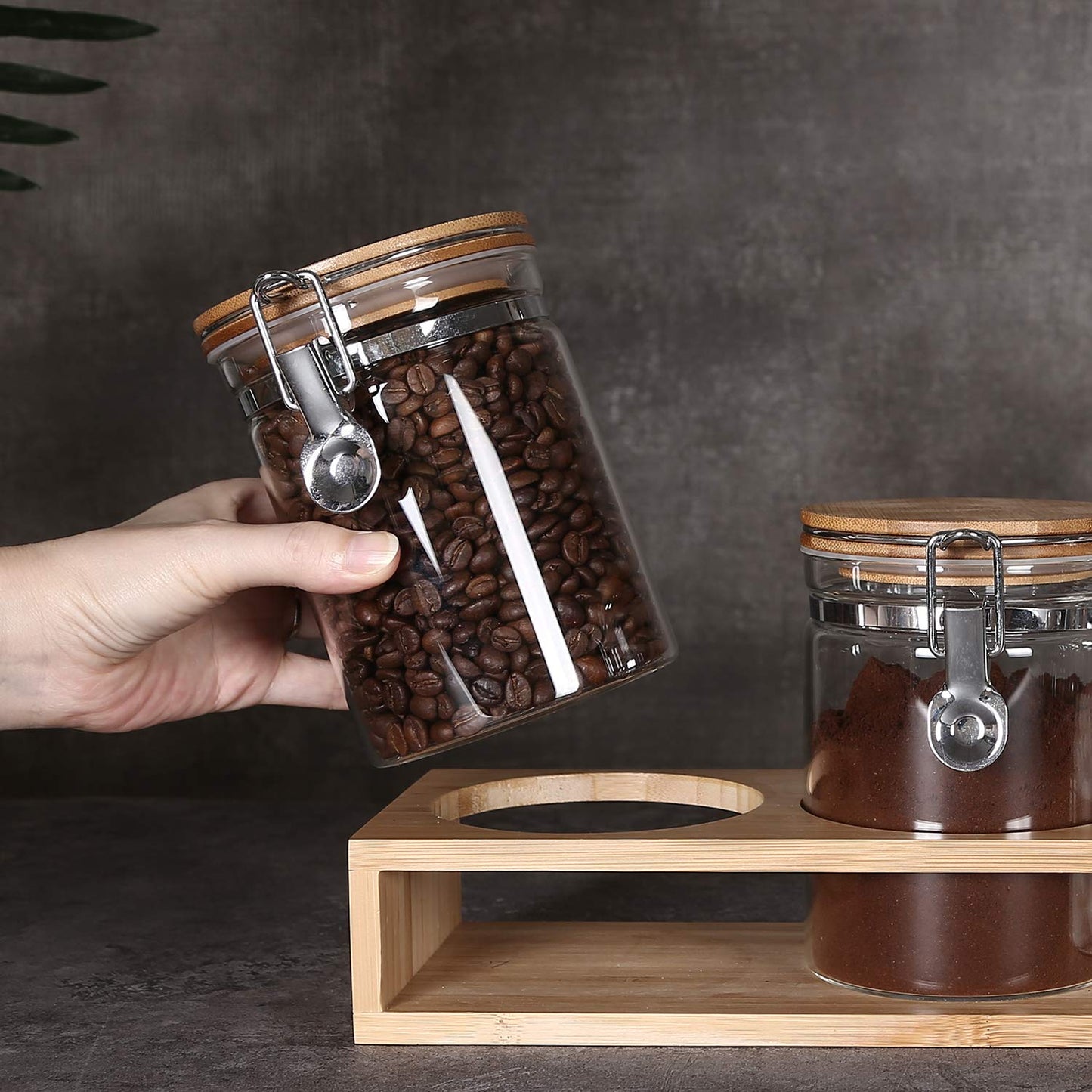 KKC Glass Storage Jars with Airtight Hinged Lids,Sealed Glass Containers for Loose Leaf Tea,Coffee Bean,Ground Coffee,Brown Sugar, Sealed Jar Canisters with Spoon for Kitchen Counter,27 Fluid-oz