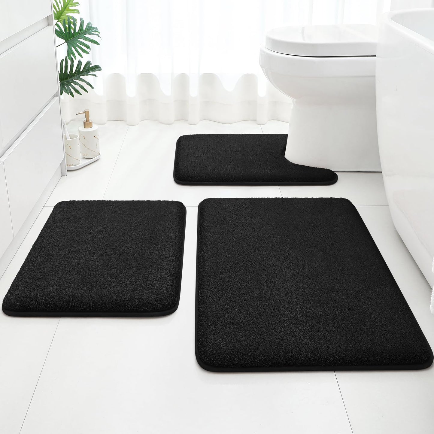 HOMEIDEAS Upgraded Bathroom Rugs Set 3 Piece, Extra Thick Absorbent Soft Memory Foam, Washable Toilet Bath Mat (Black)