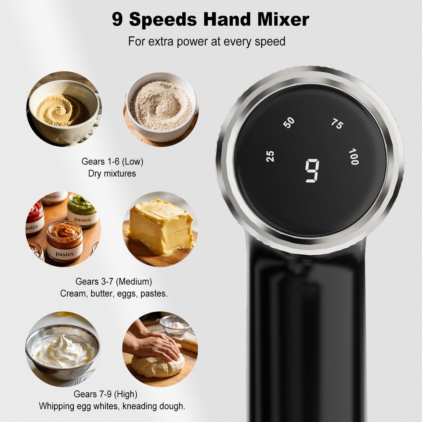 Camic Electric Hand Mixer with 9 Speeds, Powerful Motor, Cordless Hand Mixer with Whisk, Dough Hook and Mixing Rod for Whipping Eggs, Cream, Butter, Jam, Kneading Dough and Blending (White+Black)