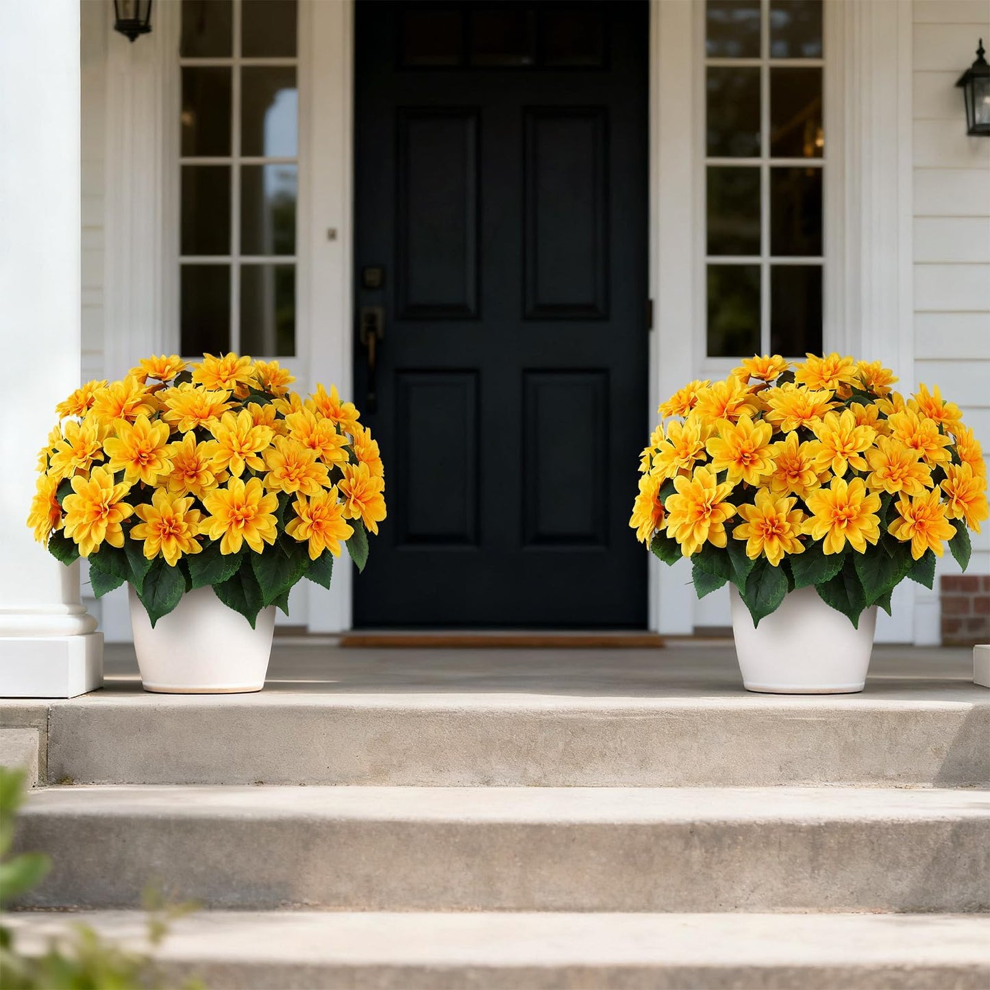 2 Set of Artificial Dahlia Topiary Ball Trees - Fake Silk Dahlia Flower Bushes, UV Resistant Faux Floral Shrub Potted for Front Door Porch Farmhouse Wedding Outdoor Decor (Yellow)