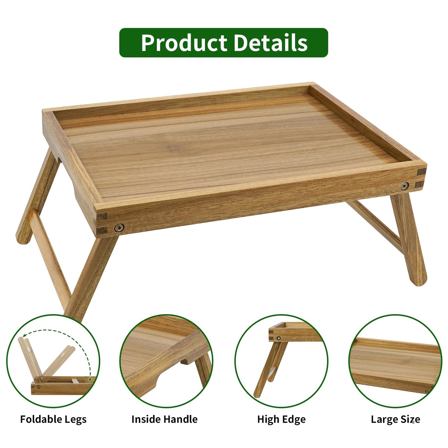 VaeFae Acacia Bed Table Tray, Wooden Breakfast Tray with Folding Legs, Bed Tray for Eating and Laptop, Eating Trays for Bedroom, (2 Pack)