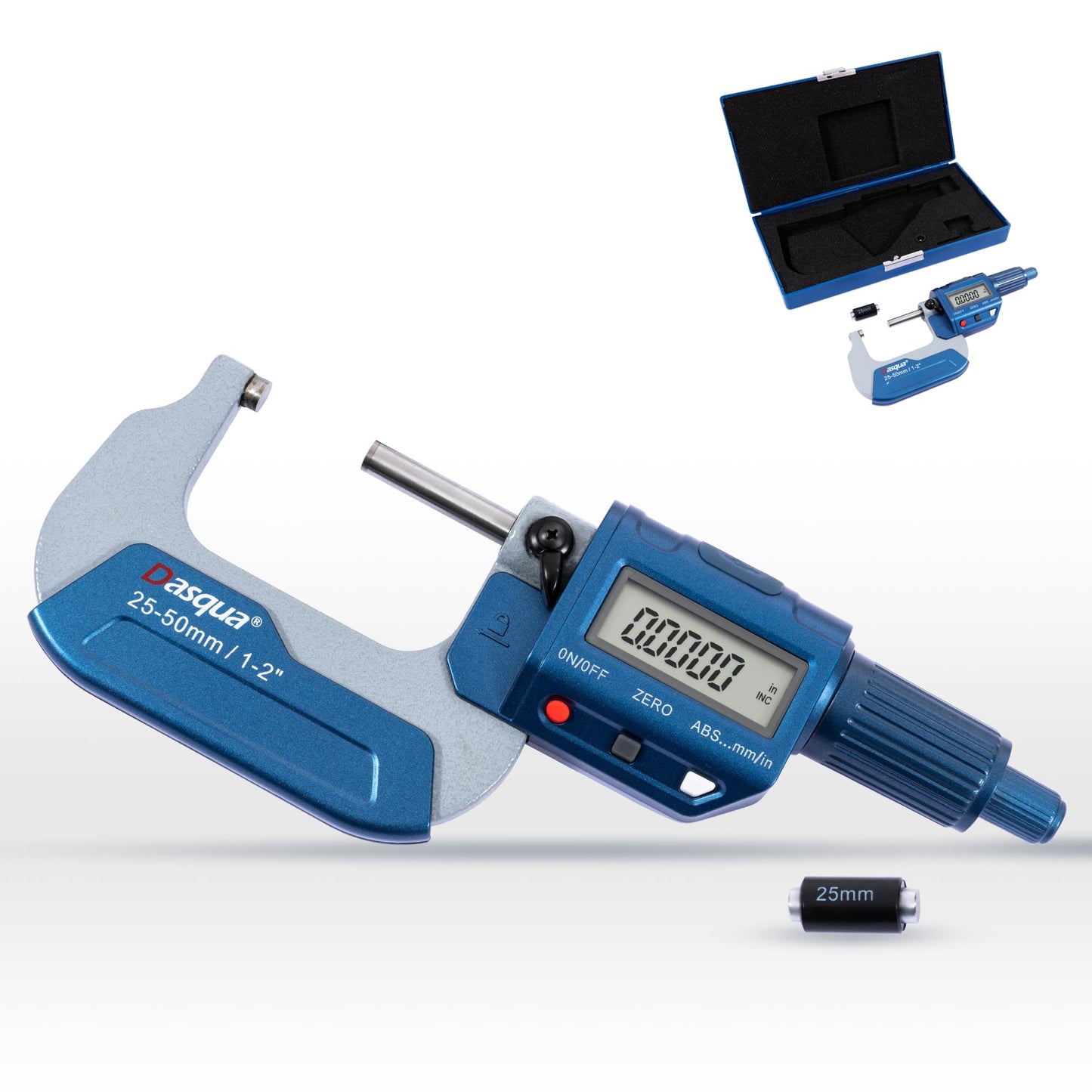 Dasqua Precision Professional 1-2"/25-50mm 0.00005"/0.001 mm Resolution Digital Outside Micrometer with Carbide Tip 1-2" Measuring Tool Metric/inch Conversion