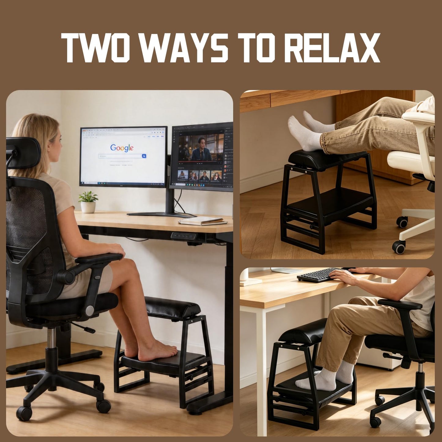 Arejonner Adjustable Double Step Footrest Under Desk,9-Angle Double Step Foot Stool for Office & Home, Ergonomic Foot Support with Non-Slip Pads - Black