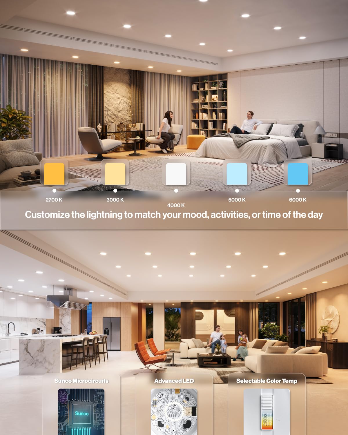 Sunco 12 Pack 6 Inch LED Recessed Light Retrofit, Can Lights for Ceiling, 1700 LM High Brightness, Selectable CCT 2700K/3000K/4000K/5000K/6000K, 17W=120W, Dimmable, Baffle Trim, Damp Rated UL