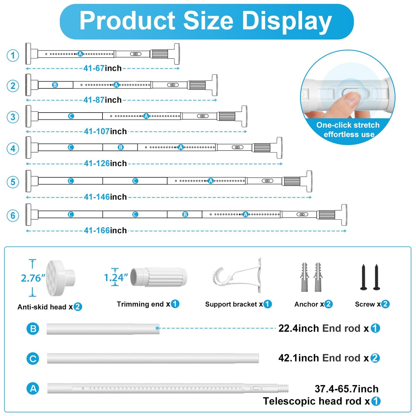 QINGYUN Extra Long No-Drill Tension Curtain Rod 40-166 Inches (4-14Ft), Heavy Duty Adjustable Rod for Outdoor Patio Curtains, Large Windows, Room Divider & Bathroom, White