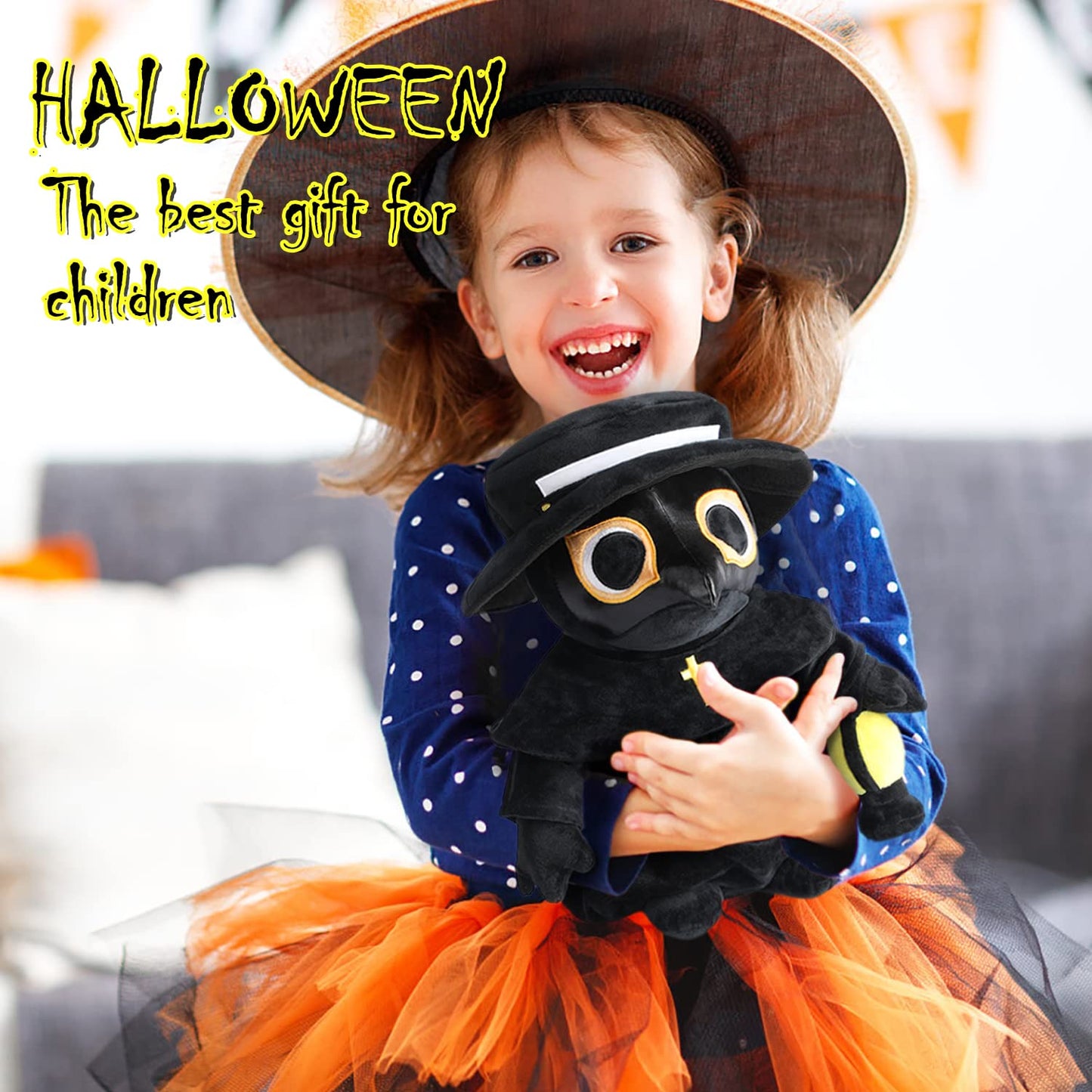 Plague Doctor Plush Toy, 35cm Spook Cute Stuffed Plushie Pillow Doll, Soft Fluffy Halloween Hugging Cushion Decor, Present for Kids and Adults