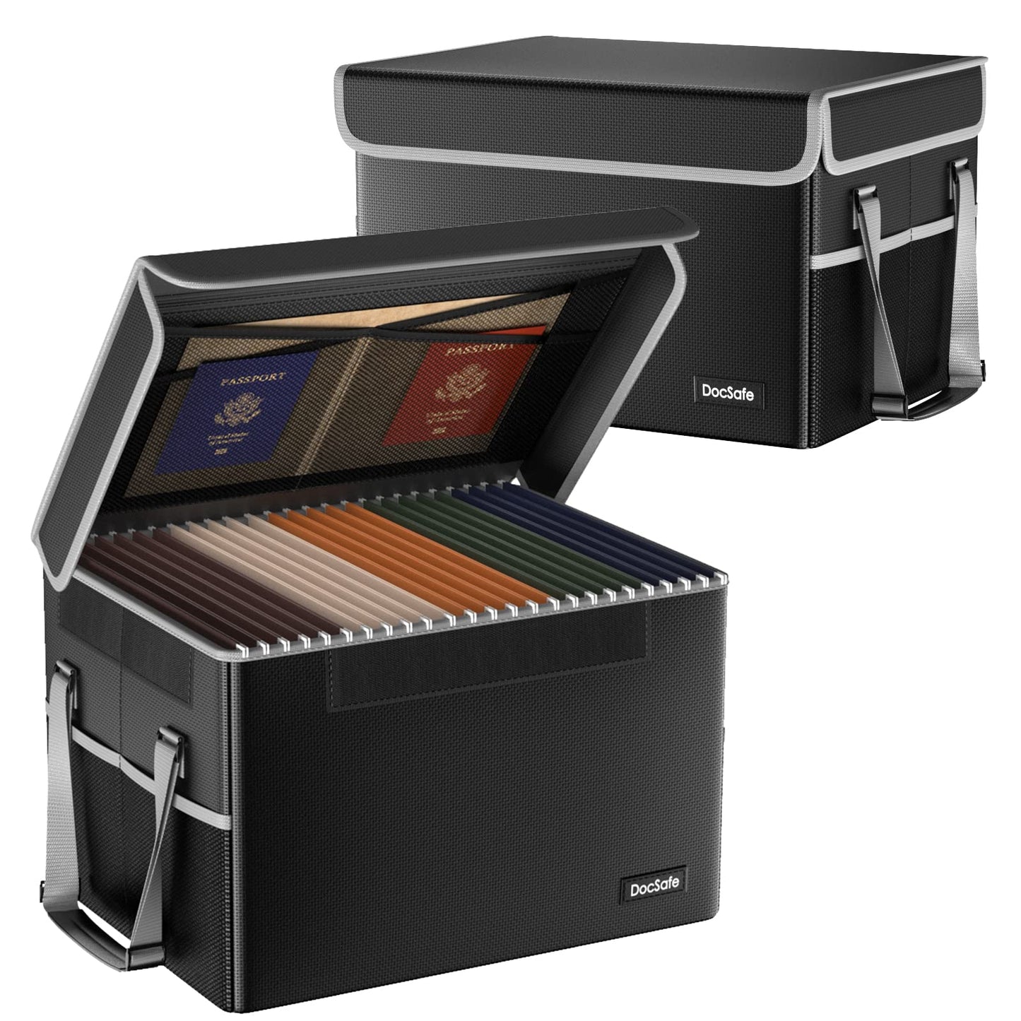 DocSafe File Box Fireproof File Storage Organizer with Lid,Collapsible Document Storage Filing Case for Hanging Letter/Legal Folders,Portable Home Office Safe Cabinet with Handle,Black,2 Pack