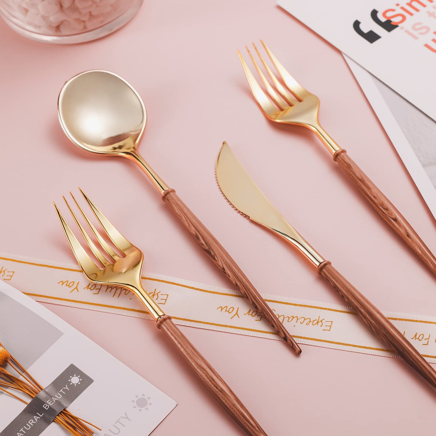 Lullaby 240PCS Gold Plastic Silverware, Gold Disposable Cutlery with Wood Grain Handle Include 80 Forks, 80 Spoons, 80 Knives, Elegant Disposable Silverware for Wedding, Party, Gathering, Daily Use