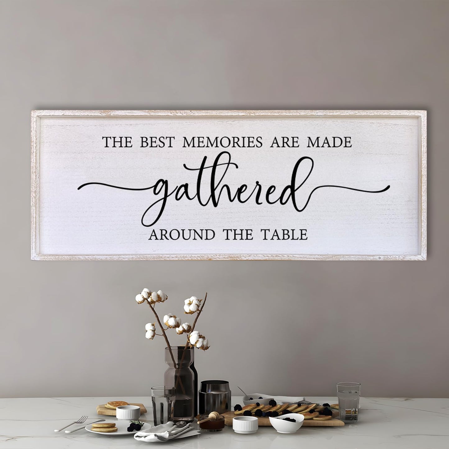 The Best Memories Are Made Gathered Around The Table Wall Decor 40"x15" Large Rustic Farmhouse Dining Room Wood Framed Modren Signs Kitchen Home Simple Hanging Wall Art (White)