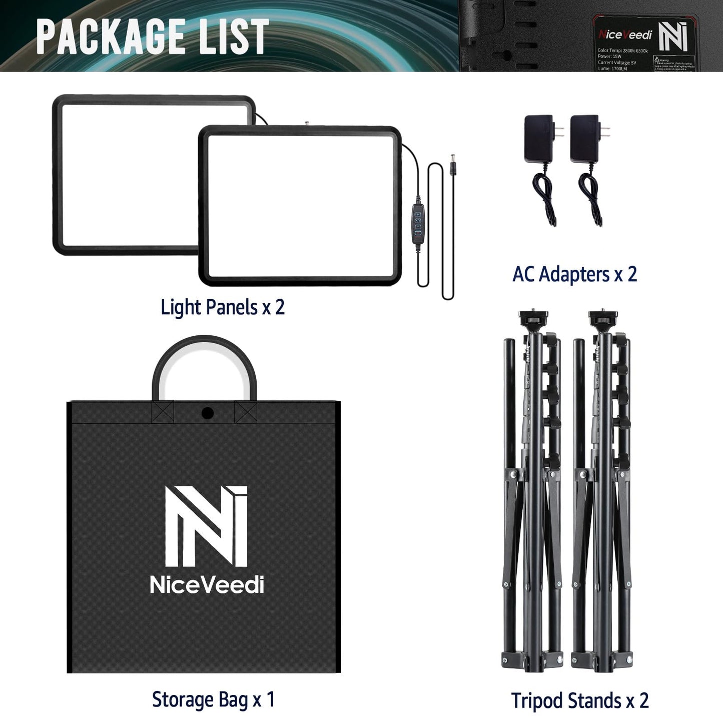 2-Pack Photography Lighting Kit, NiceVeedi 22W LED Video Light Kit, 2900-7000K Studio Light with Tripod Stand, 73" Stream Light for Video Recording