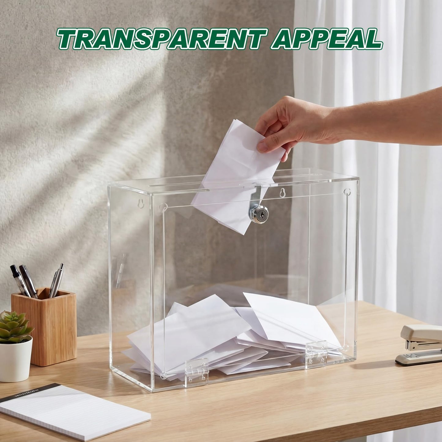 Juexica Acrylic Donation Box with Lock & Sign Holder, Large Clear Locking Suggestion Box for Fundraising Voting Secure Cash Drop, Wall Mounted 4mm Thick Shatter Resistant(12"l X 3"w X 10"h,Upper Lock)