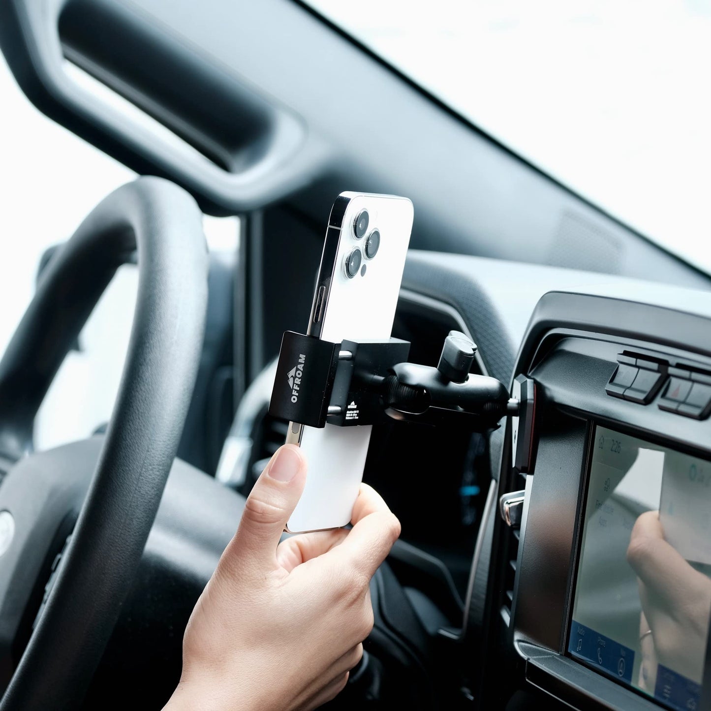 Offroam Phone Mount Made for Ford F-150 2021-2026 | Ford F-250/F-350 2023-2026 | F-150 Lightning (XL & PRO) 2022-2026, Universal Spring Loaded Holder, 360-Degree Swivel, One-Hand Operation