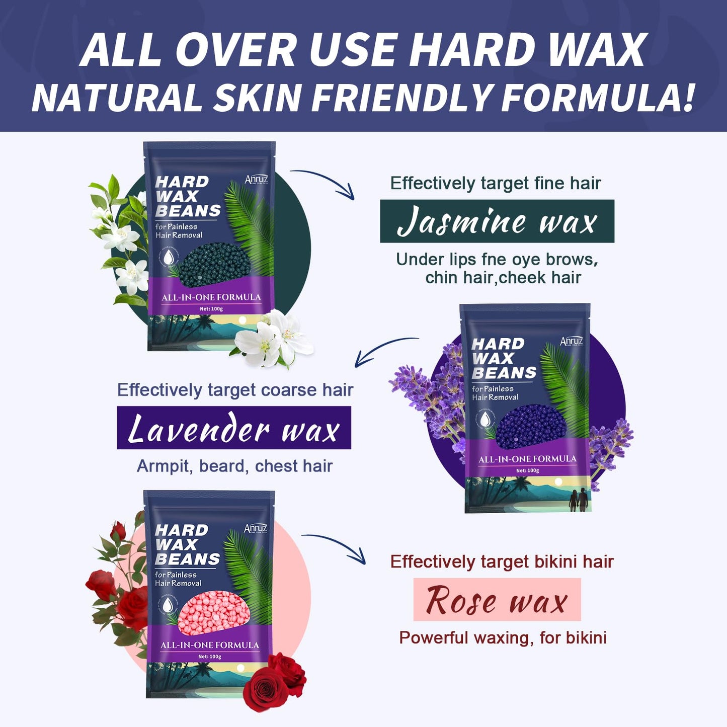 Anruz Waxing Kit for Women Men - Wax Kit for Hair Removal with Silicone Bowl,4 Bags Hard Wax Beads and 30 Applicator Sticks - at Home Use Wax Warmer for Full Body,Bikini,Eyebrow,Face, Sensitive Skin