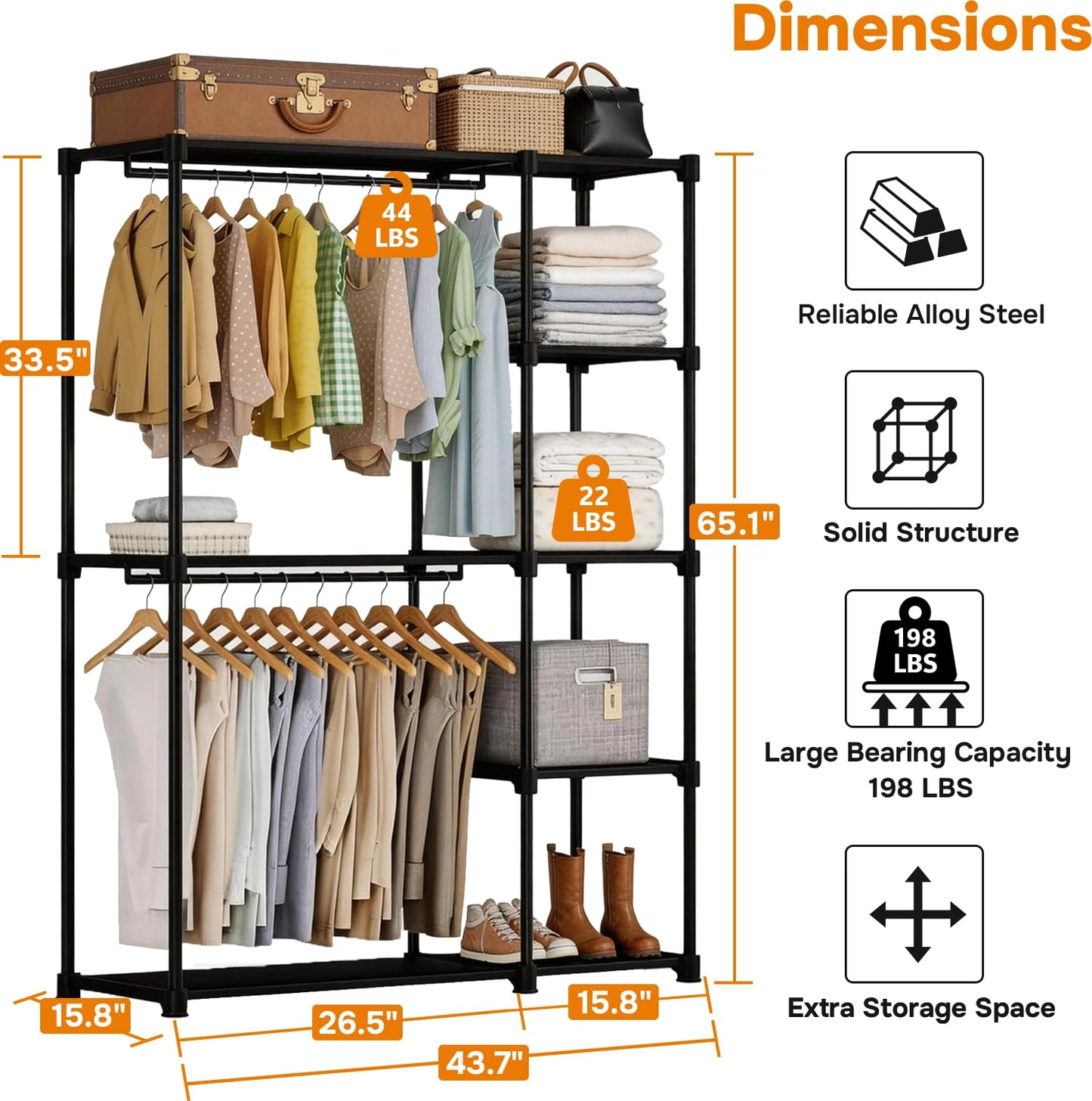 Simple Deluxe Clothes Rack, Heavy Duty Clothing Rack, 4-Shelf Portable Adjustable Wardrobe Closet with Hanging Rods, 43.8" W x 15.7" D x 64.9" H, Black