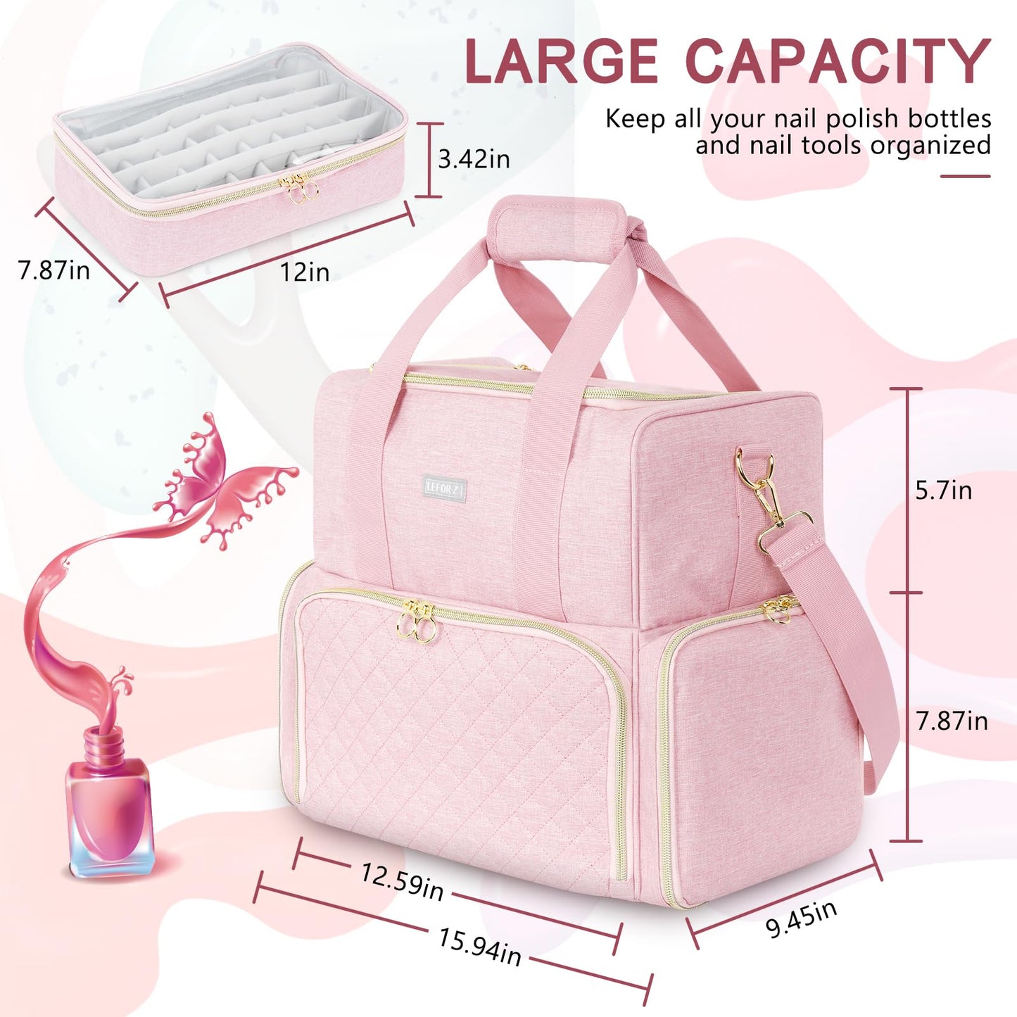 Nail Polish Organizer Holds 80 Bottles and a Nail Lamp,Nail Polish Carrying Case with 2 Removable Bags,Nail Organizers and Storage for Nail Tech,Portable Nail Polish Holder for Nail Supplies,Pink