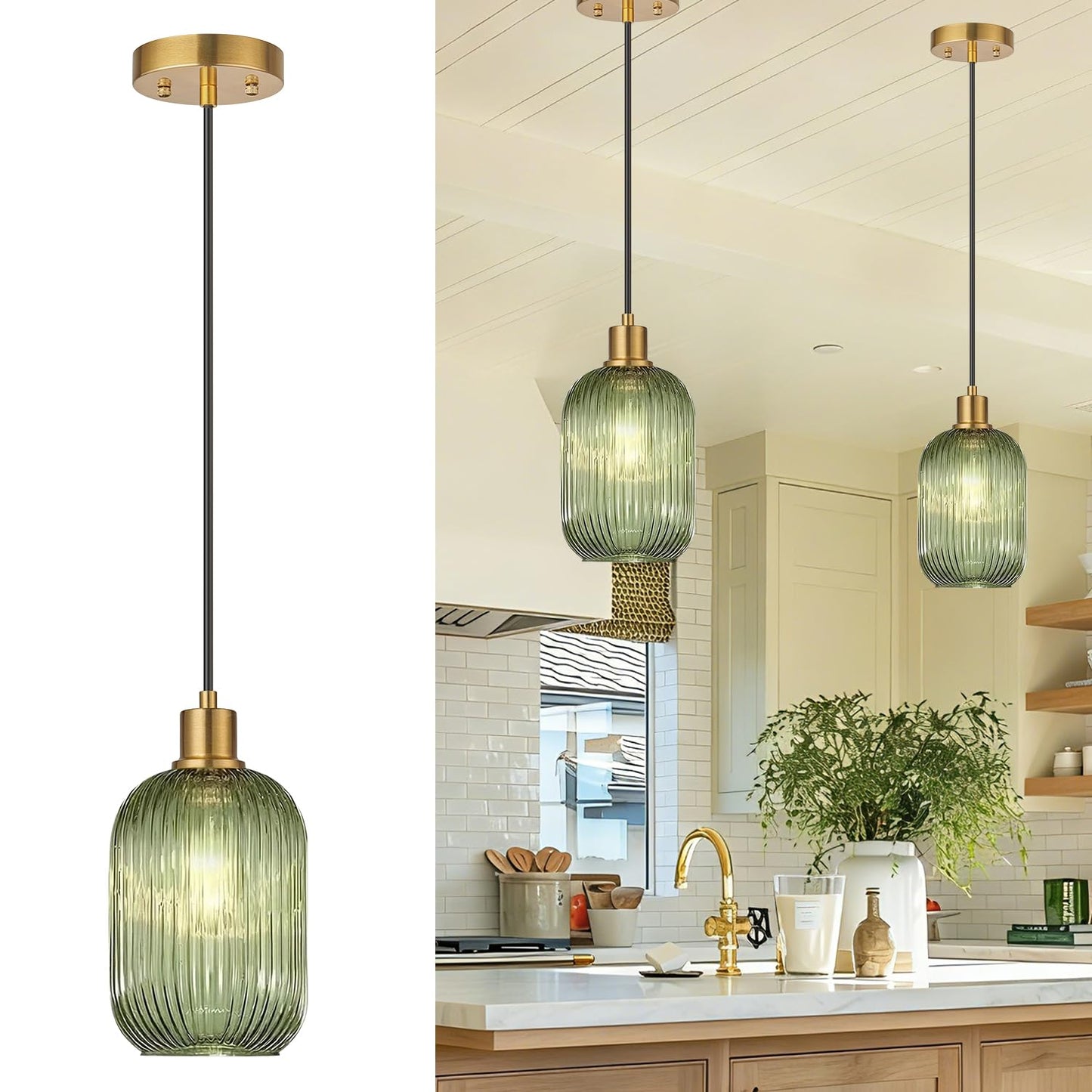 2 Pack Pendant Lights with Vintage Green Ribbed Glass Lampshade, Adjustable Brushed Gold Pendant Lights Fixtures for Kitchen Island Lighting Sink, Dining & Living Room Hallway (Bulbs Not Included)