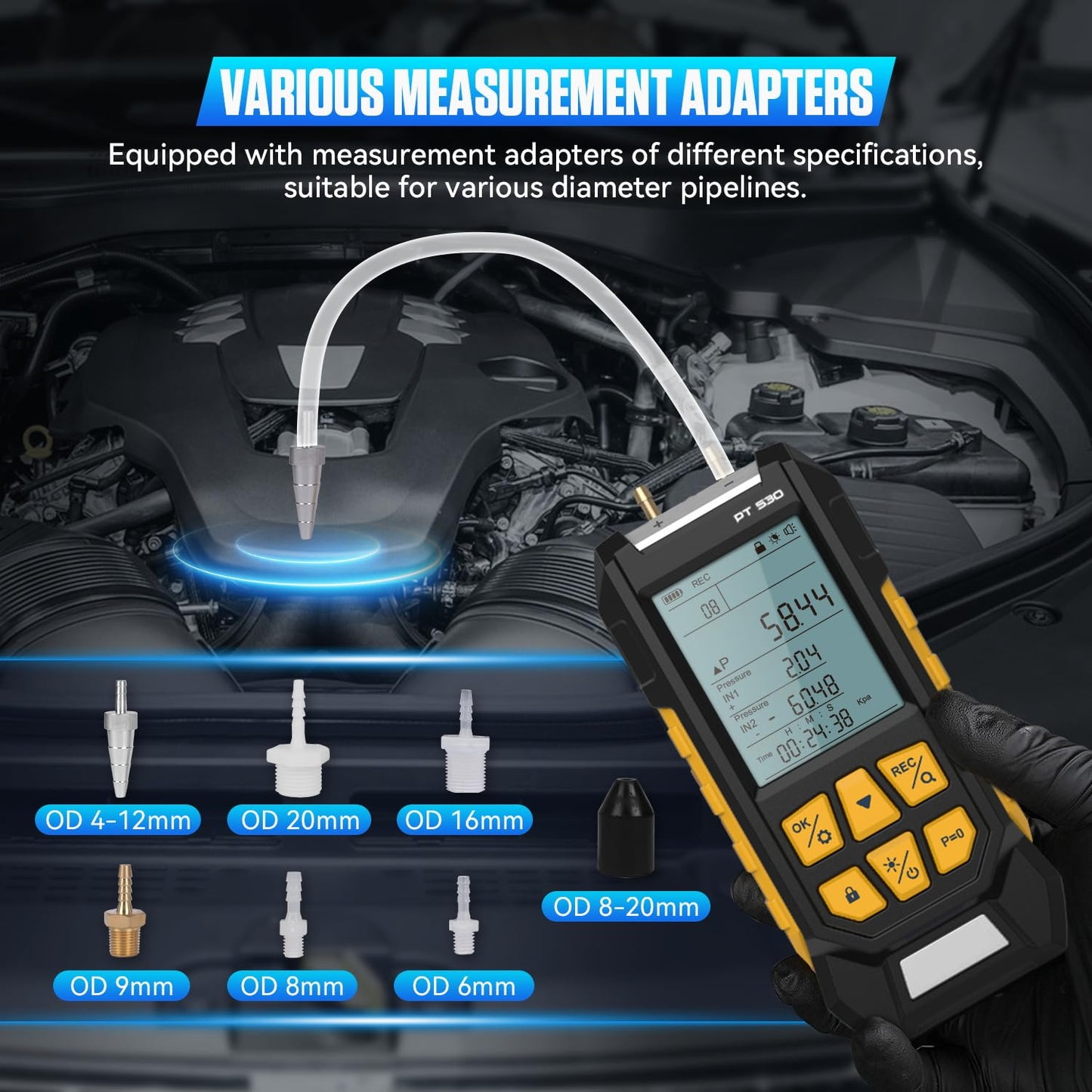 LINXINO PT530 Digital Manometer,Air and Gas Pressure Tester,Dual Differential Digital Manometer,-100 to 300 Kpa Measurement Range,10 Pressure Units,Data Locking,Storage and Flashlight