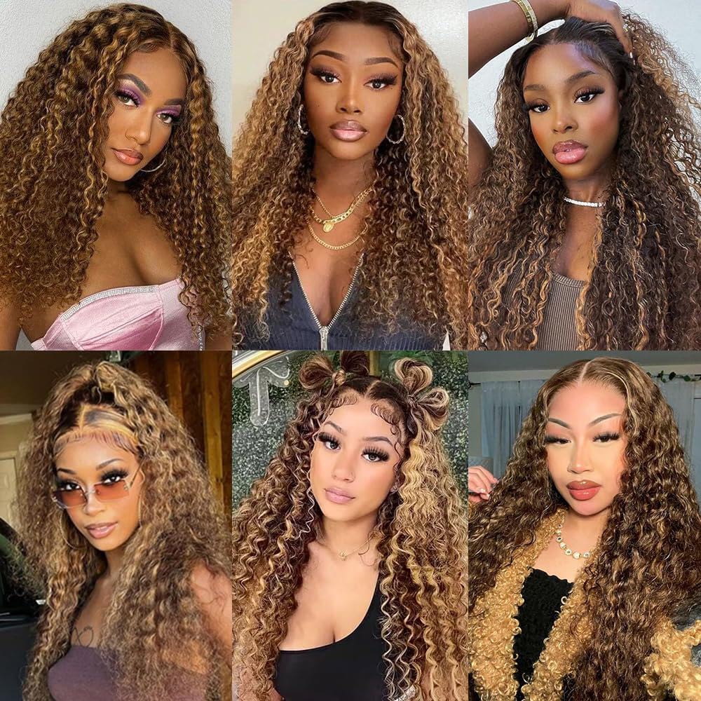 4/27 Ombre Deep wave Lace Front Wigs Human Hair, 13x4 HD Lace Ombre Curly Wig Human Hair, 26 Inch Curly Highlighted Wig Human Hair Glueless Pre Plucked, Honey Blonde Deep Wave Wig Human Hair 180%