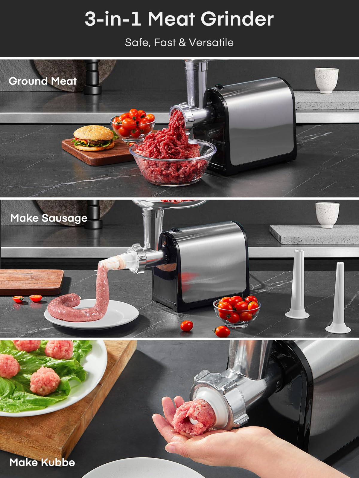 Electric Meat Grinder, 3200W Max Meat Grinders for Home Use, HOUSNAT 3 in 1 Heavy Duty Meat Mincer with 2 Blades and 3 Plates, Sausage Stuffer Tube & Kubbe Kit, Stainless Steel