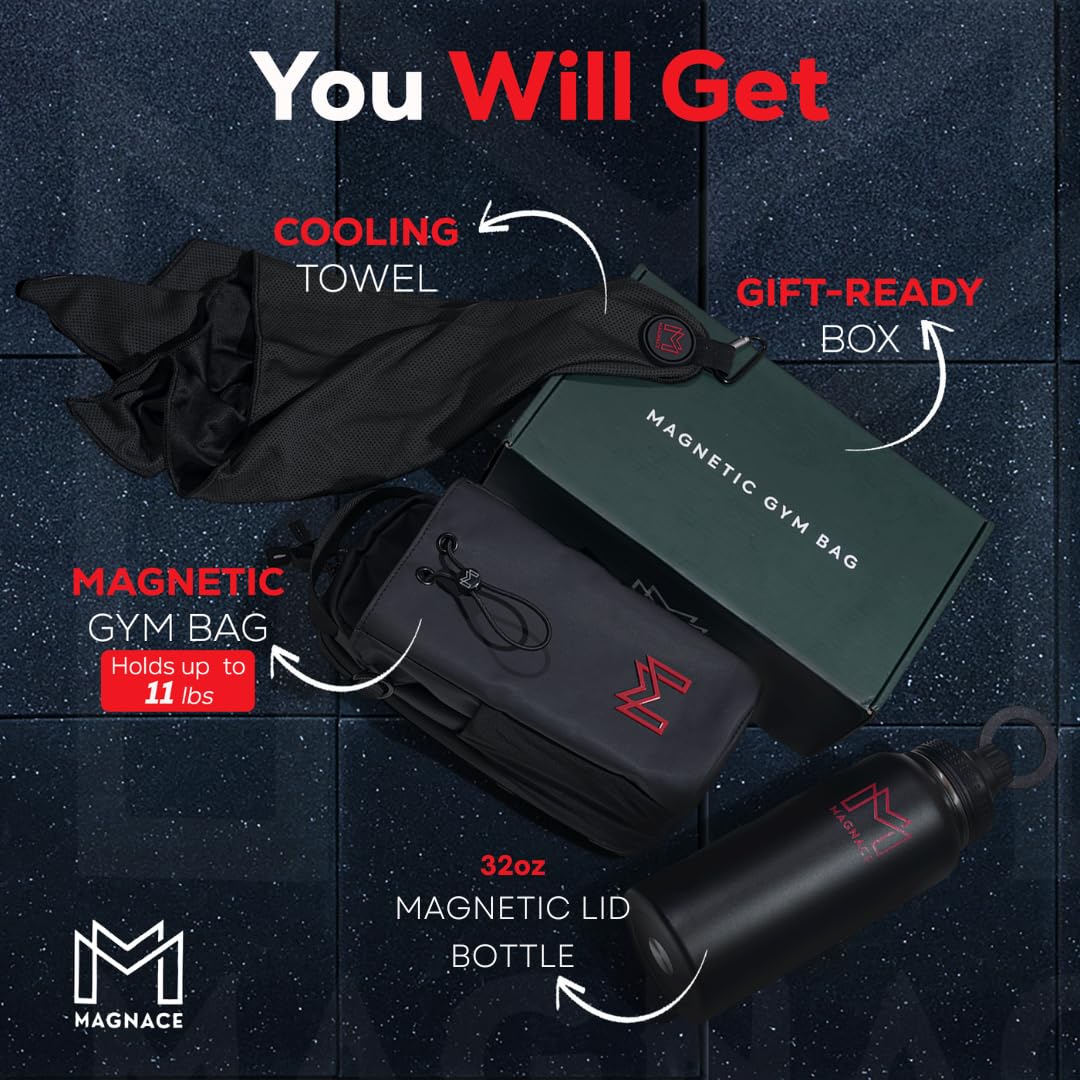 MAGNACE Magnetic Gym Bag Bundle, 3-in-1 Set with Water Bottle Holder, Magnetic Pouch, Towel & Sling Bag – Portable Fitness Carrier for Men & Women – Black