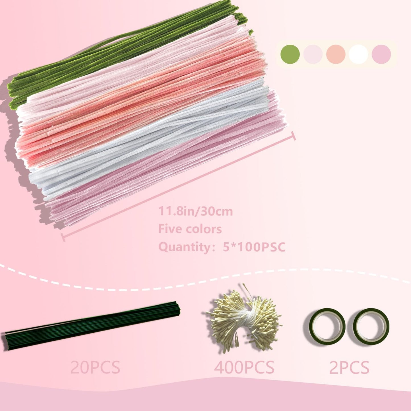 Homxzioa 500 Pcs Pipe Cleaner Flower Kit, Chenille Stems Craft for DIY Flower Making, Pipe Cleaners Bulk Kit with Green Floral Wires,Gardening Tape,Stamen