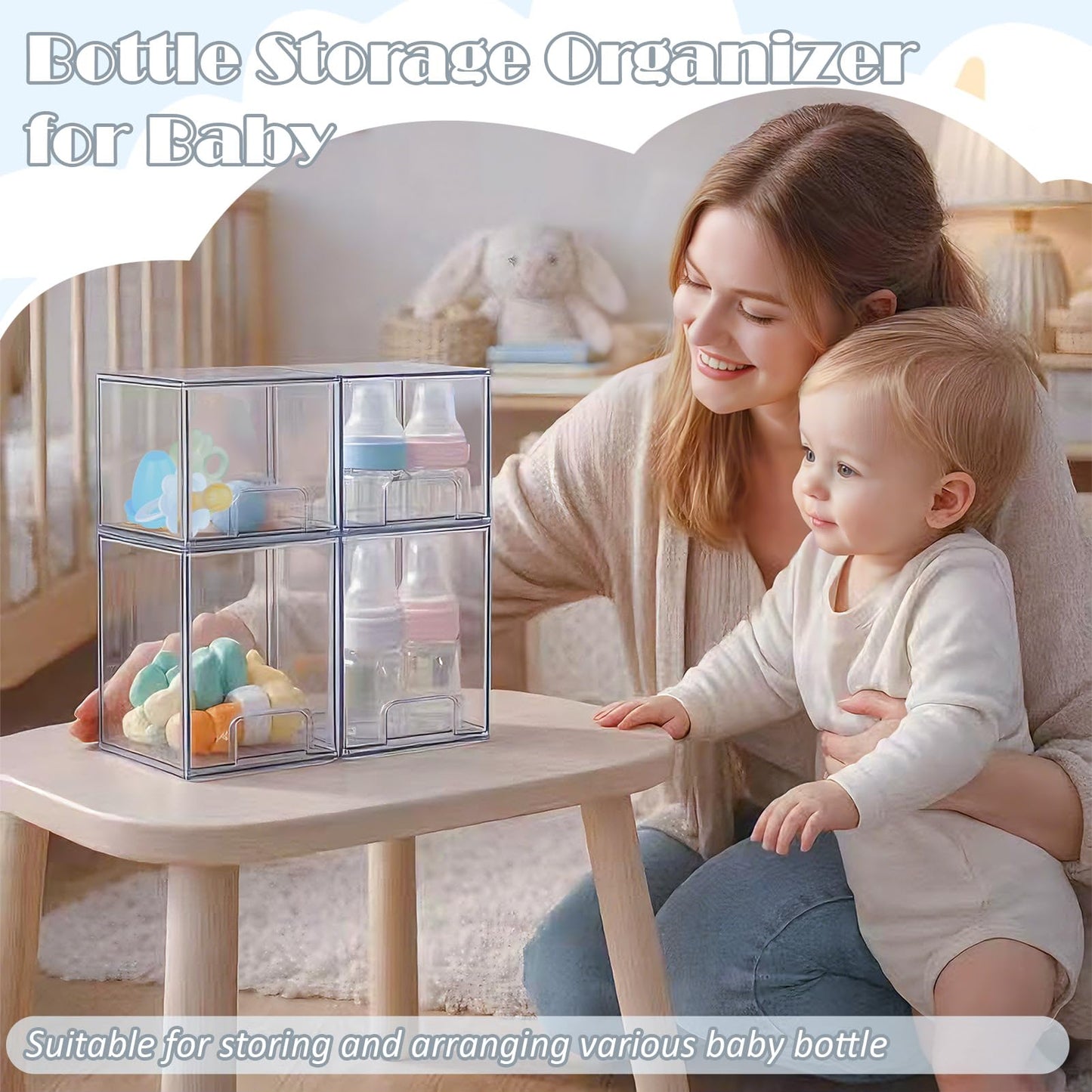 zebrater Baby Bottle Organizer-4 Pack Stackable Storage Drawers, Baby Organizers and Storage with Hooks, Clear Acrylic Multipurpose Bottle Storage for Countertop,Kitchen,Cabinet,Vanity,Bathroom
