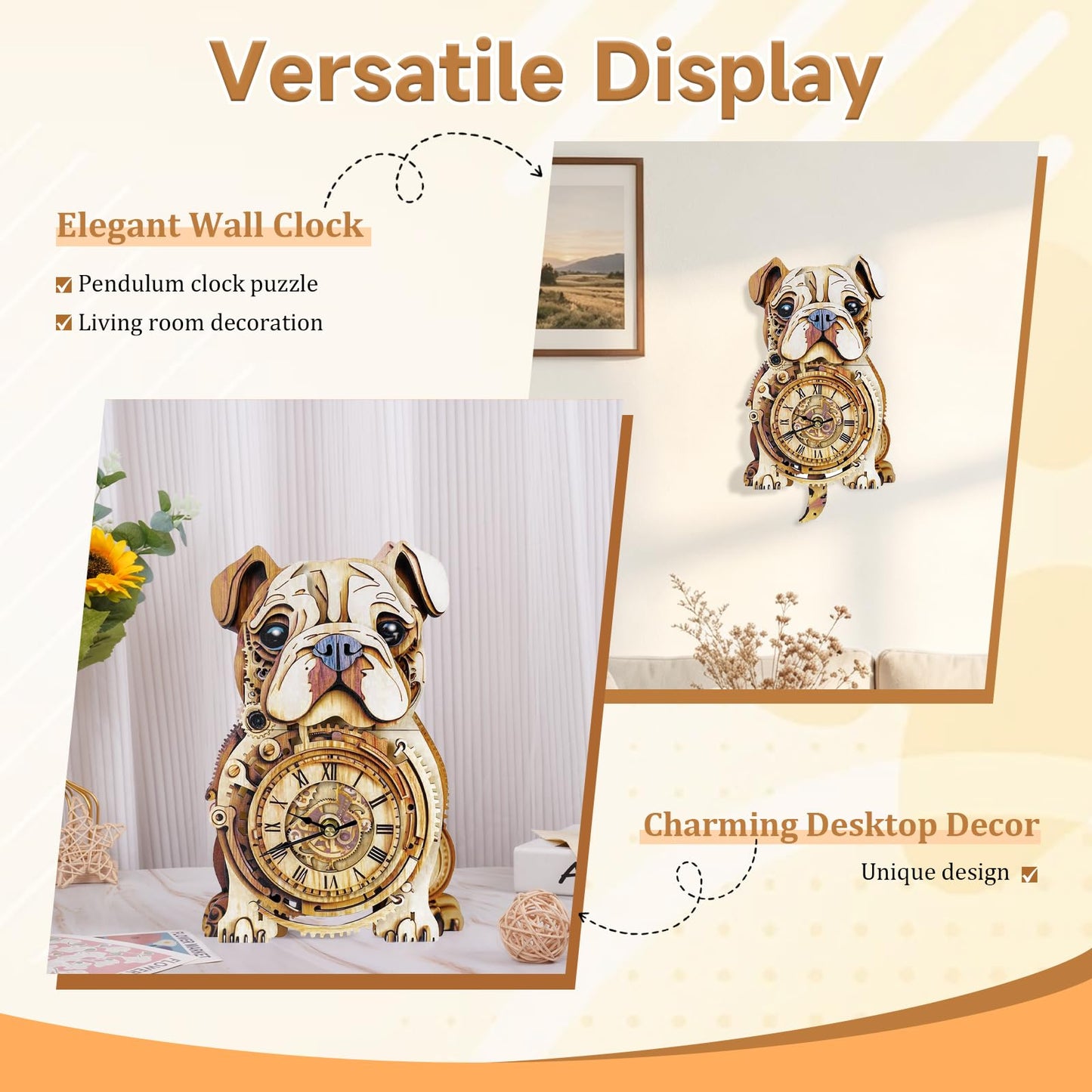 Kosmickiss Wooden Models for Adults to Build-Bulldog Clock with Swinging-3D Wooden Puzzles for Adults-Dog Mom Gifts for Women-DIY Clock Kit