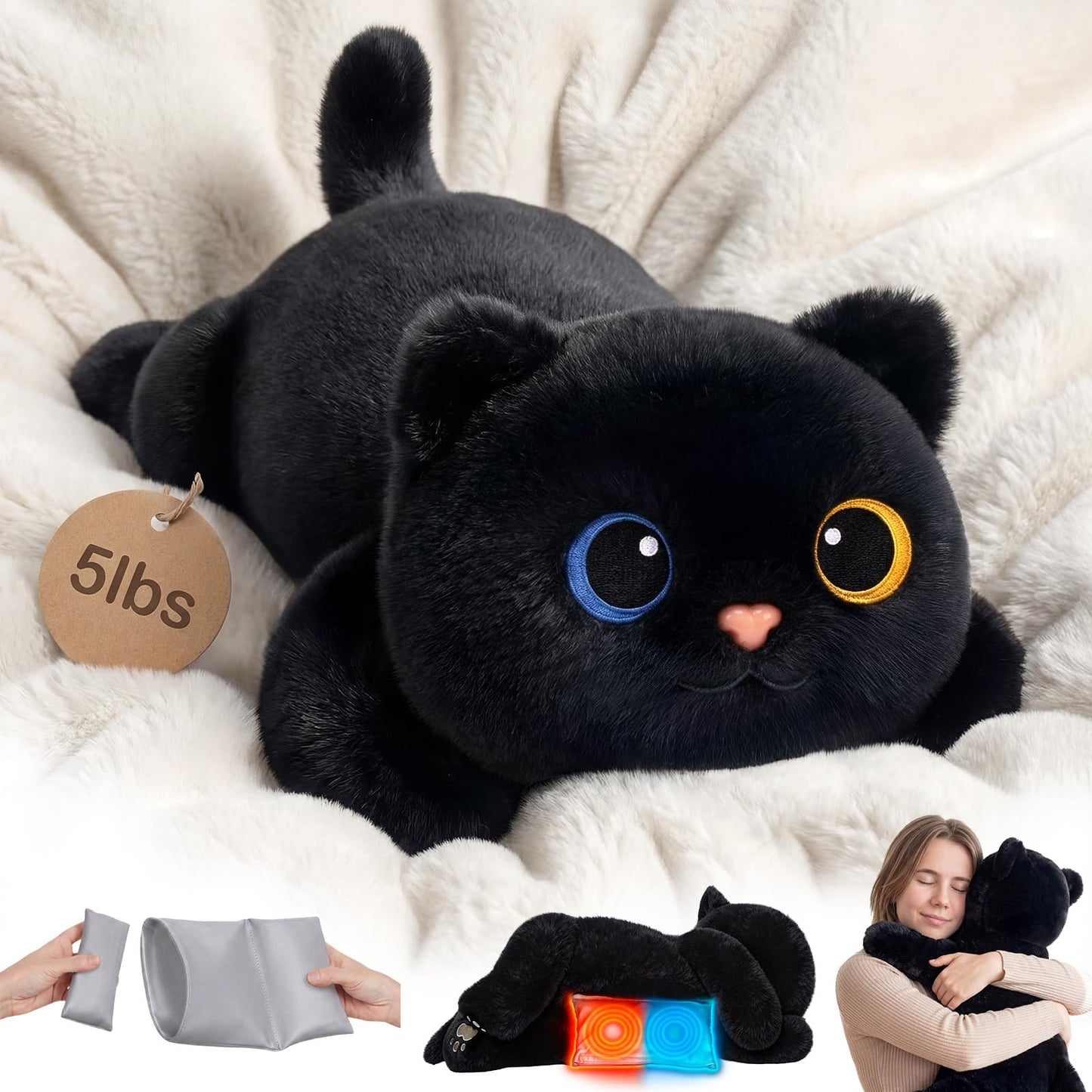 Mewaii Weighted Stuffed Animals with Microwavable Heating Pad - 5 lbs Adjustable, Heatable & Coolable Cat Plush for Realistic Hug, Removable Inner Pad, Perfect Plush Gift for Kids, Adults (23 Inch)