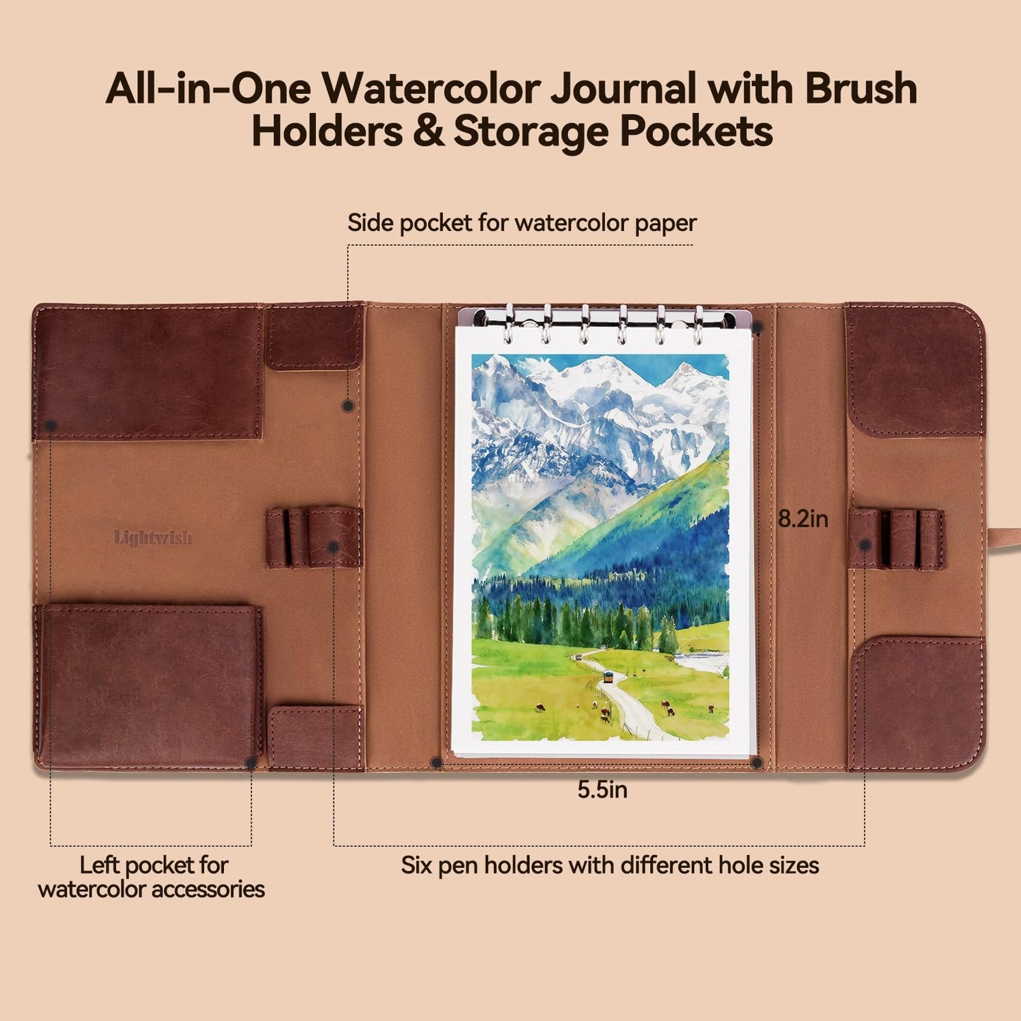 Lightwish Watercolor Pad - A5 20 Sheets 100% Cotton 300GSM Cold Press Paper | Detachable with Backing Board | All-in-One Travel Watercolor Journal with Brush Holders & Storage Pockets