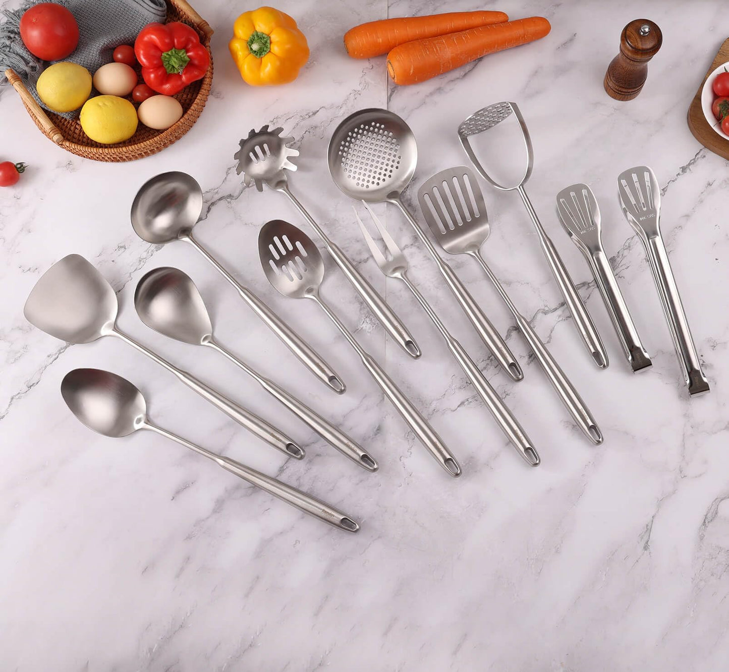 304 Stainless Steel Kitchen Utensils Set - 12 PCS Long All Metal Cooking Utensils & Large Serving Utensils - Potato Masher, Fork, Tongs, Tunner, Pasta, Serving Spoon, Skimmer, Ladle, Spatula Spoon Set