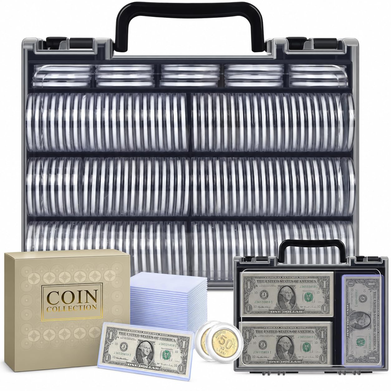 FULLCASE Coins Collector Case Holder Coin Capsules 46mm with 6 Sizes Foam Gasket (141 Pcs), Hard Paper Currency Sleeves (20 Pcs), Soft Dollar Bill Sleeves (200 Pcs) Storage Organizer Box (Black)