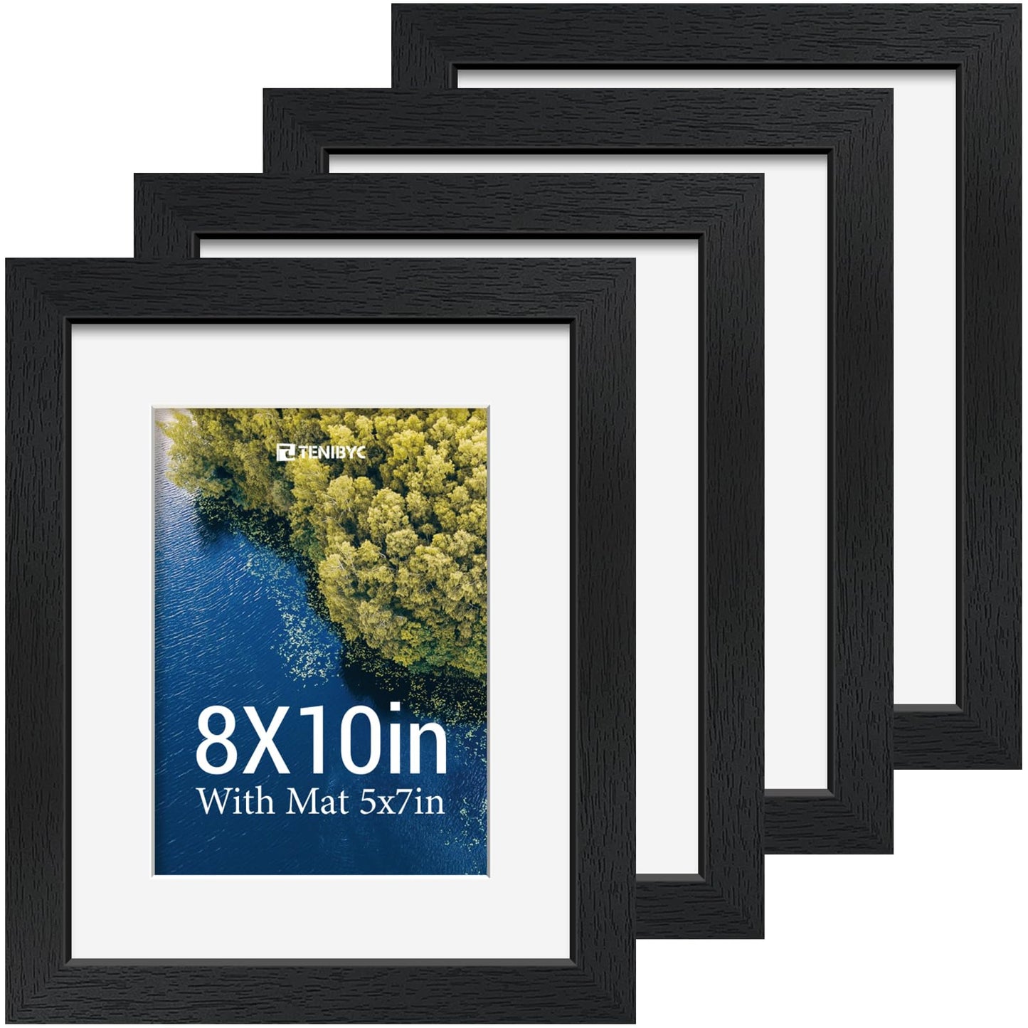 TENIBYC 8x10 Picture Frame Set - 4 Pack, Black Wood Photo Frames - Tempered Glass - Displays Photos 5x7 with Mat or 8 x 10 without - Room, Office, Gallery, Studio, and Hallway Decor - Wall Hanging