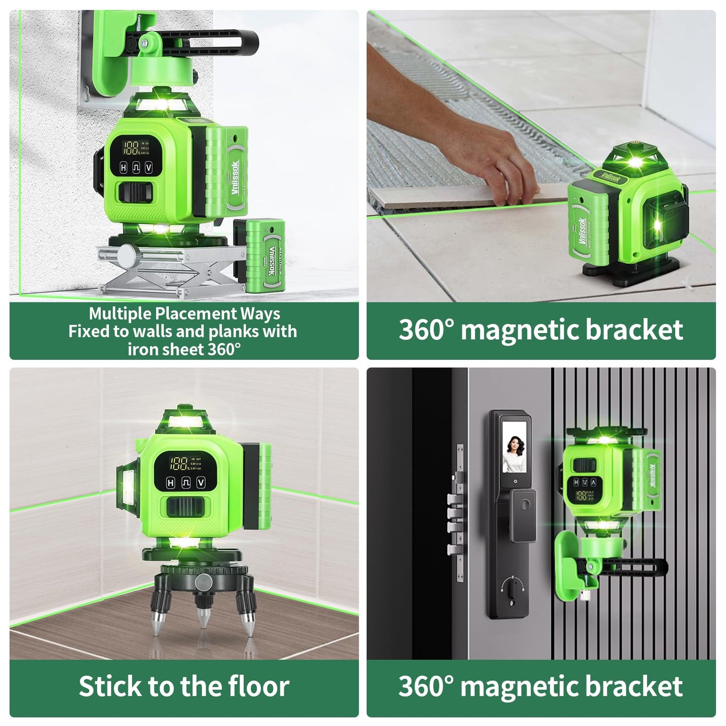 16 Line Laser Level 360 Self Leveling, 4x360°Professional 4D Green Cross Line laser Level with 2 Batteries,for Construction and Picture Hanging, Horizontal Line leveler Tool (Green)